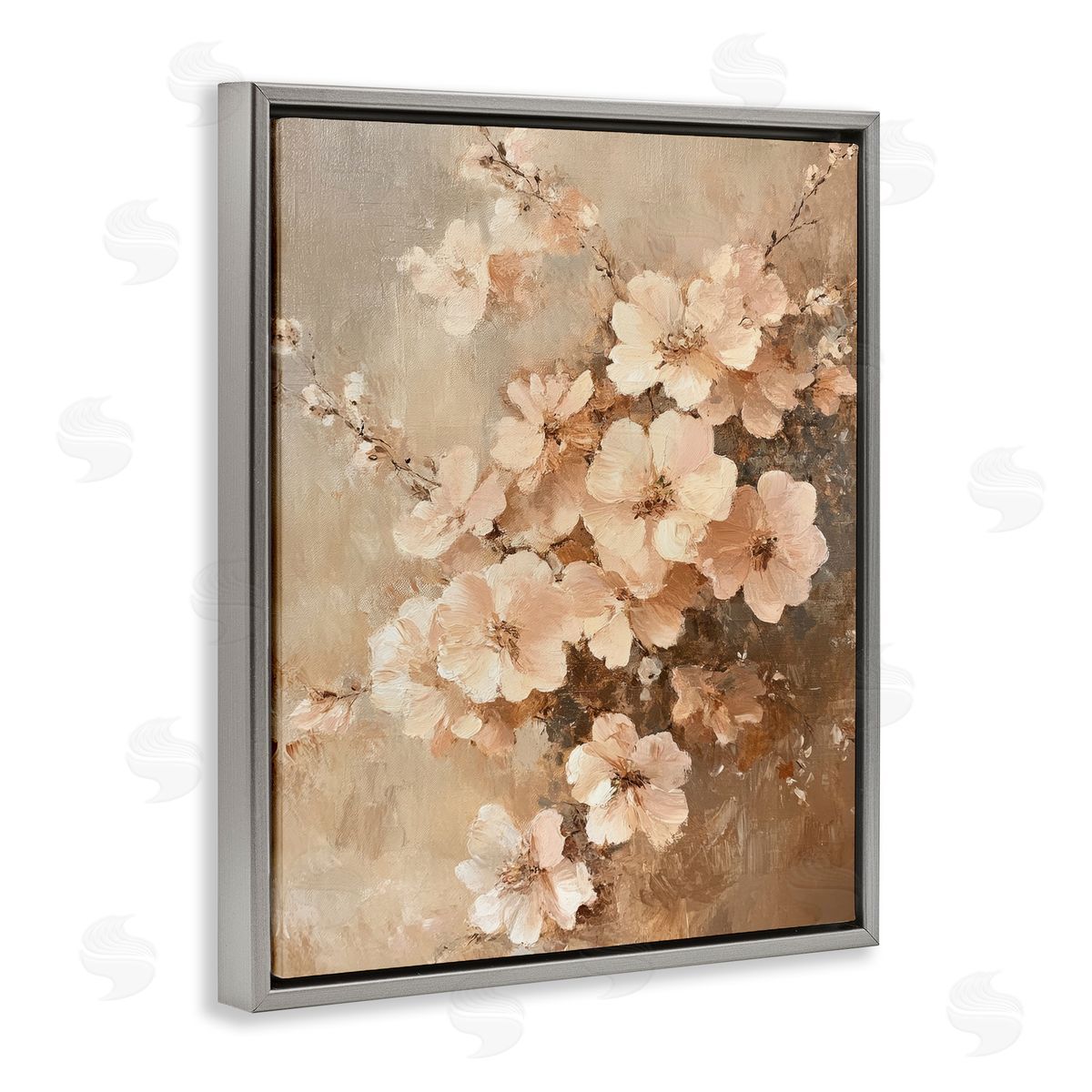 Blooming Cherry Blossoms Grey Floating Frame Canvas Wall Art, Home Decor by Petal Prints Design