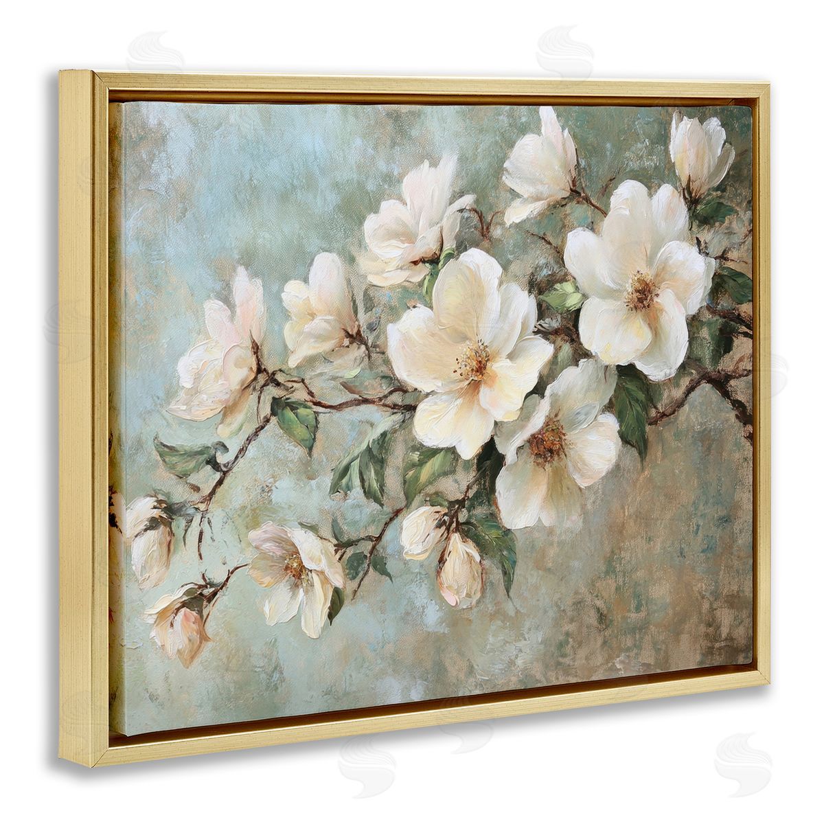 In Bloom Flower Branch Gold Floating Frame Canvas Wall Art, Home Decor by Petal Prints Design
