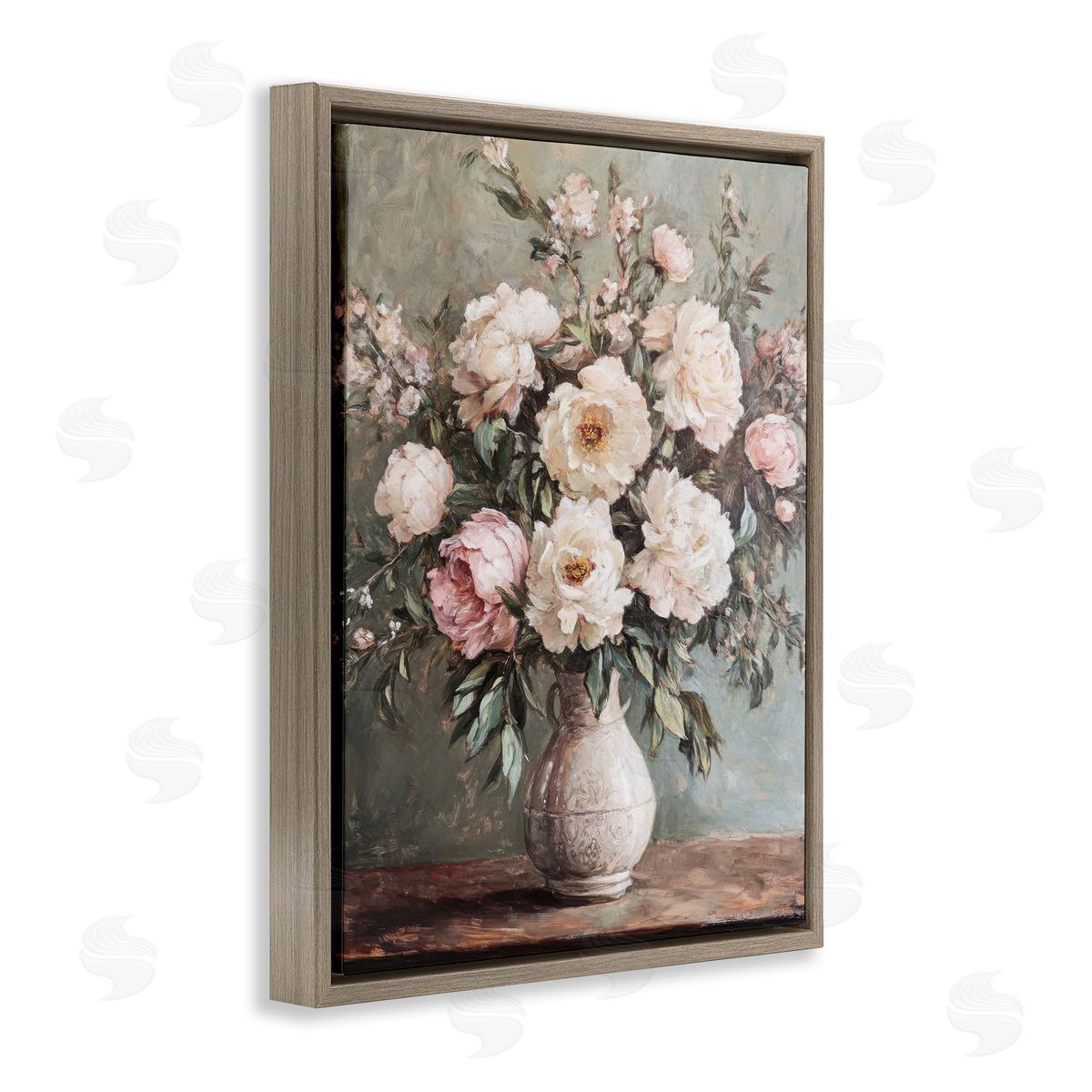 Pink Peonies Ornate Vase Brown Floating Frame Canvas Wall Art, Home Decor by Petal Prints Design