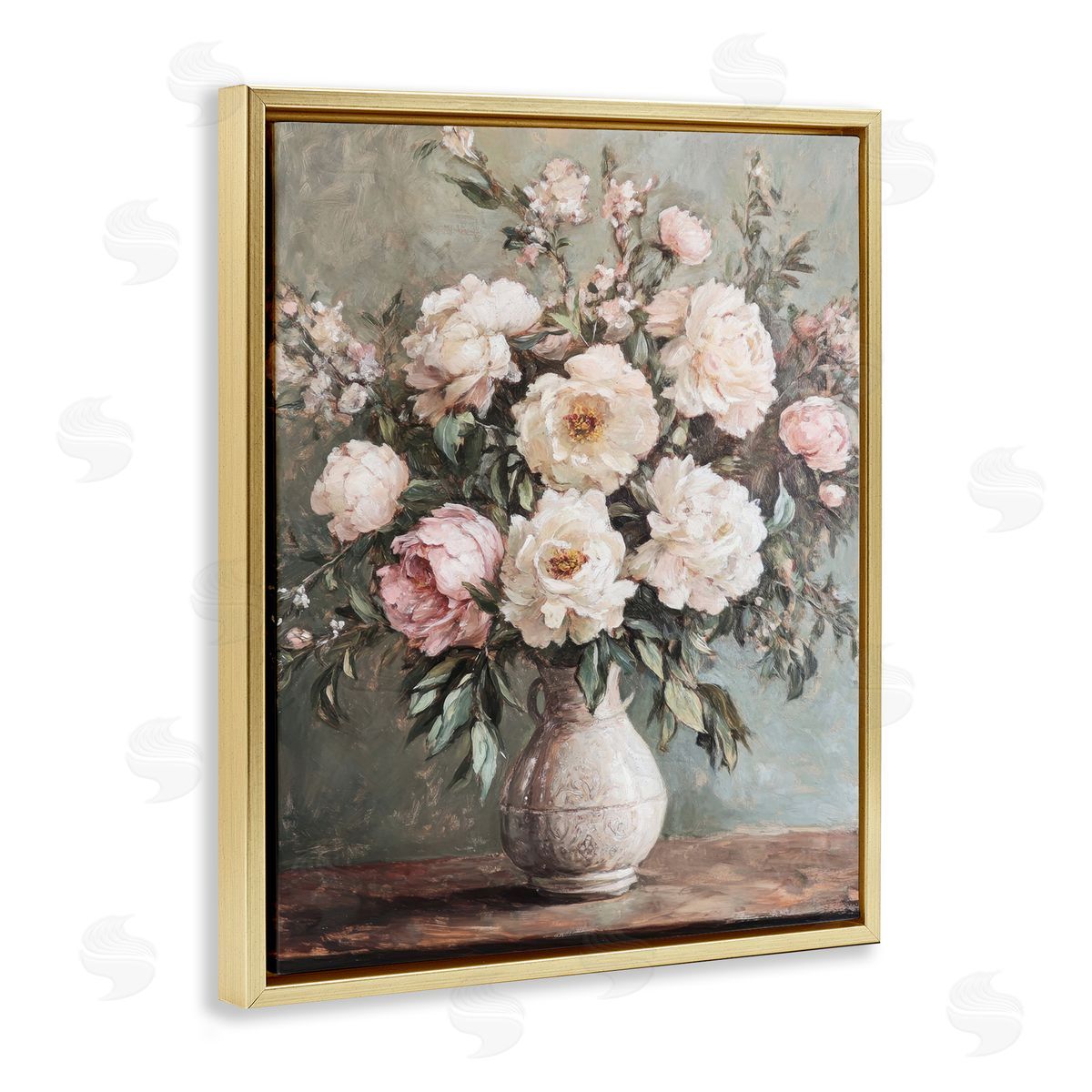 Pink Peonies Ornate Vase Gold Floating Frame Canvas Wall Art, Home Decor by Petal Prints Design
