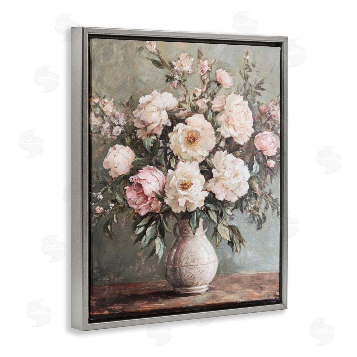 Pink Peonies Ornate Vase Grey Floating Frame Canvas Wall Art, Home Decor by Petal Prints Design