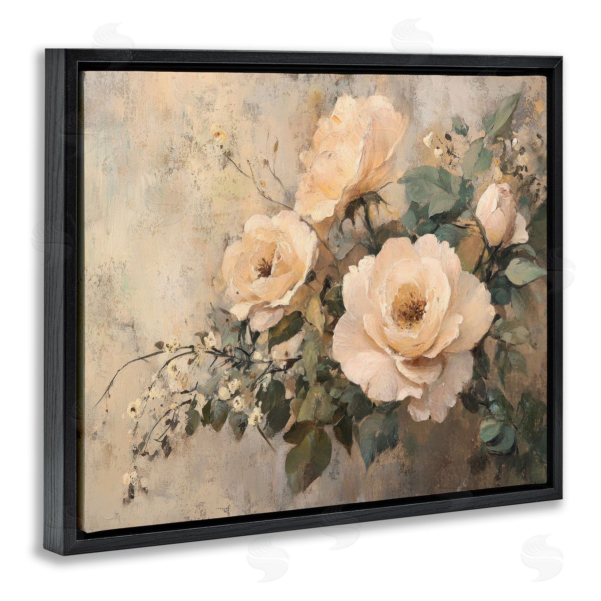 Blush Roses Blooming Black Floating Frame Canvas Wall Art, Home Decor by Petal Prints Design