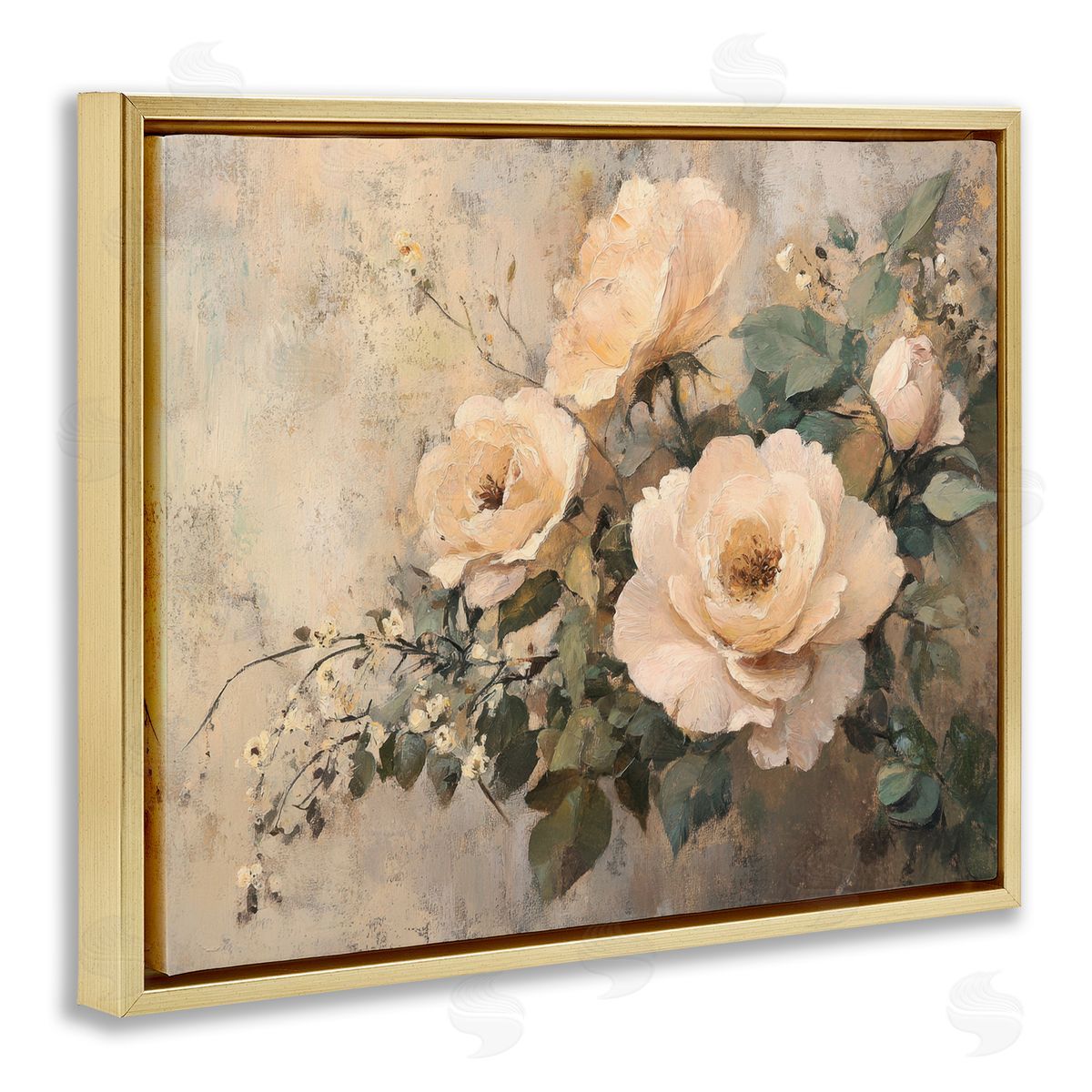 Blush Roses Blooming Gold Floating Frame Canvas Wall Art, Home Decor by Petal Prints Design