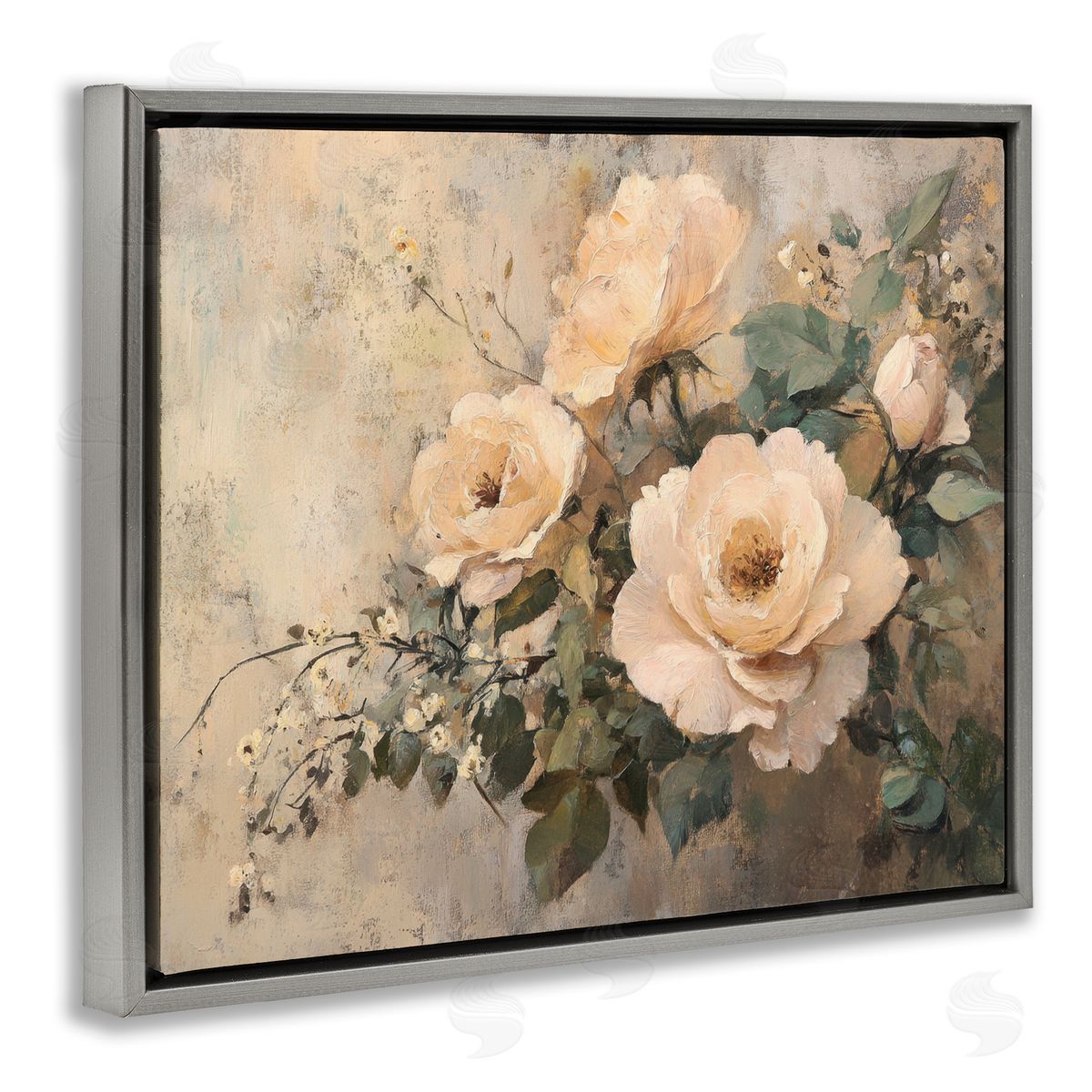 Blush Roses Blooming Grey Floating Frame Canvas Wall Art, Home Decor by Petal Prints Design