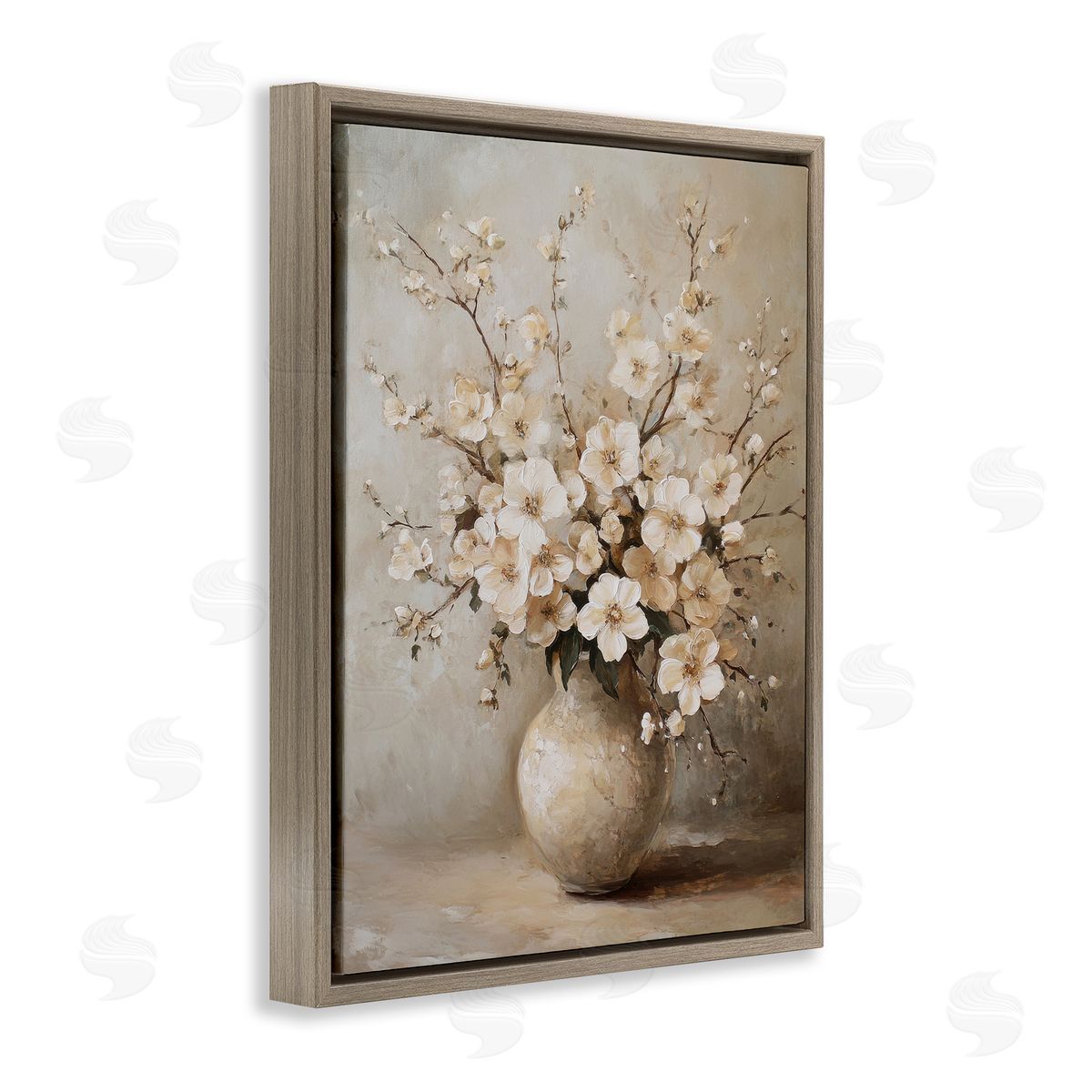 Cherry Blossoms in Pottery Brown Floating Frame Canvas Wall Art, Home Decor by Petal Prints Design