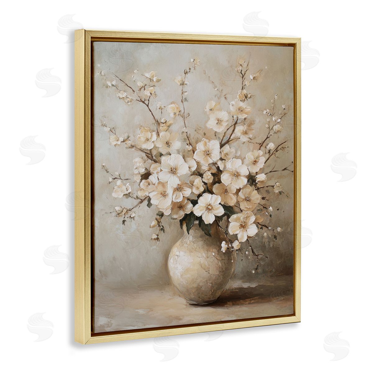 Cherry Blossoms in Pottery Gold Floating Frame Canvas Wall Art, Home Decor by Petal Prints Design
