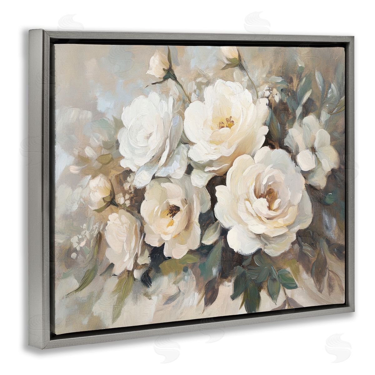 Blushing Cream Bouquet Grey Floating Frame Canvas Wall Art, Home Decor by Petal Prints Design