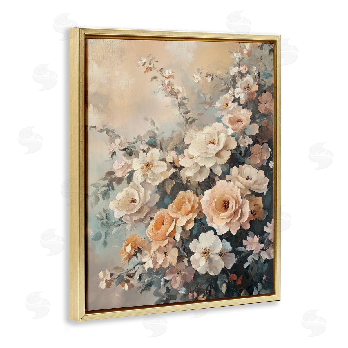 Dreamy Rosy Florals Gold Floating Frame Canvas Wall Art, Home Decor by Petal Prints Design