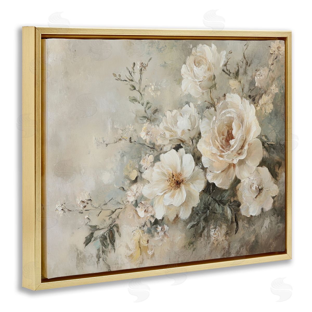 Beige Faded Florals Gold Floating Frame Canvas Wall Art, Home Decor by Petal Prints Design