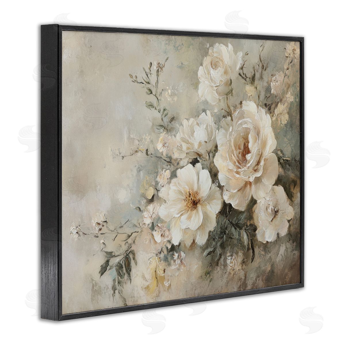 Beige Faded Florals Black Frame Print Wall Art, Home Decor by Petal Prints Design