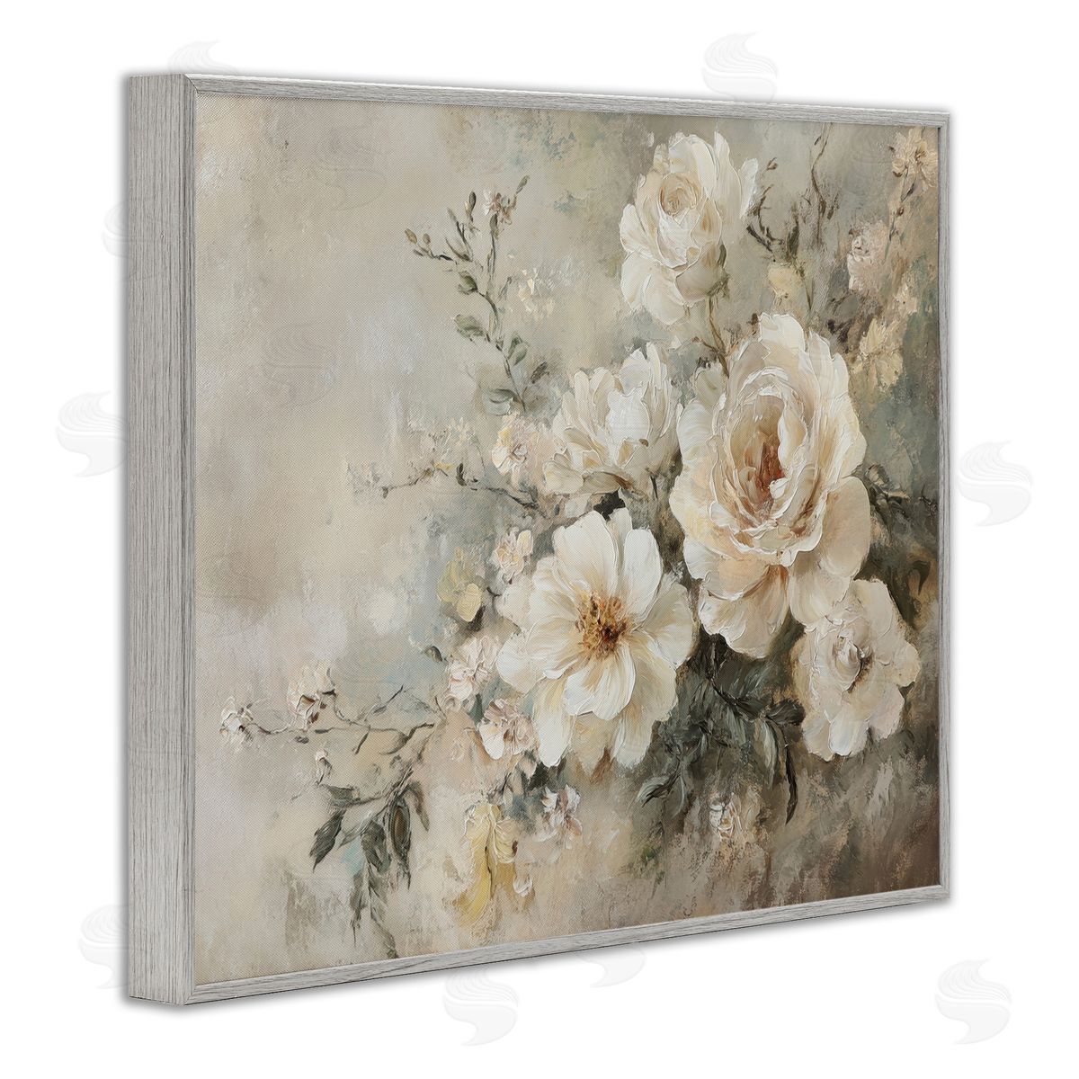 Beige Faded Florals Grey Frame Print Wall Art, Home Decor by Petal Prints Design