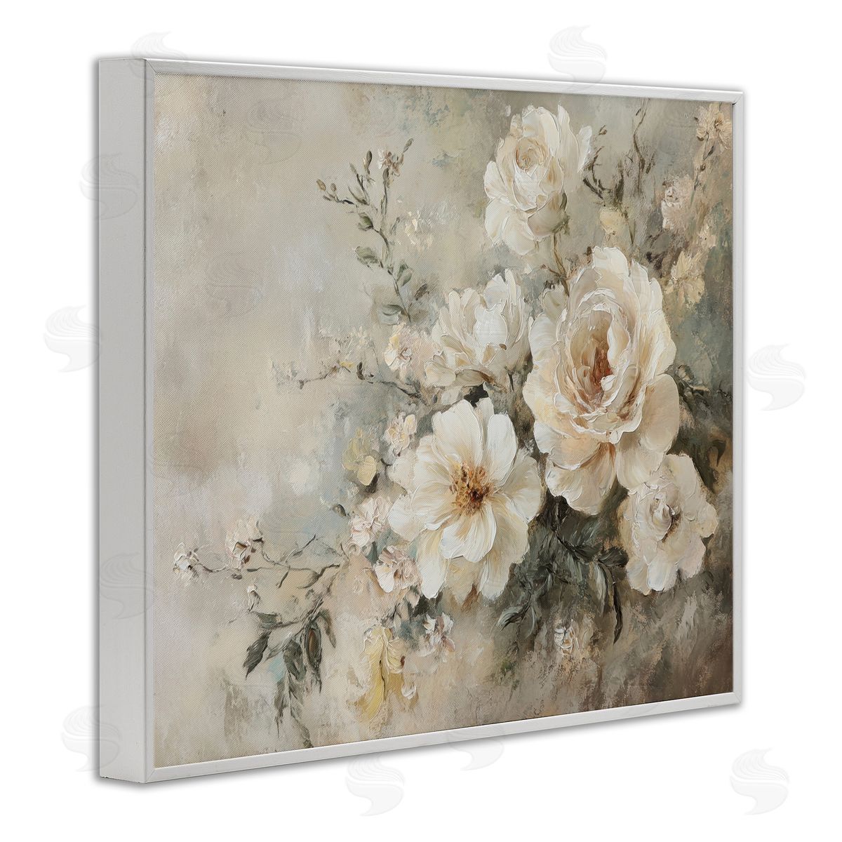 Beige Faded Florals White Frame Print Wall Art, Home Decor by Petal Prints Design