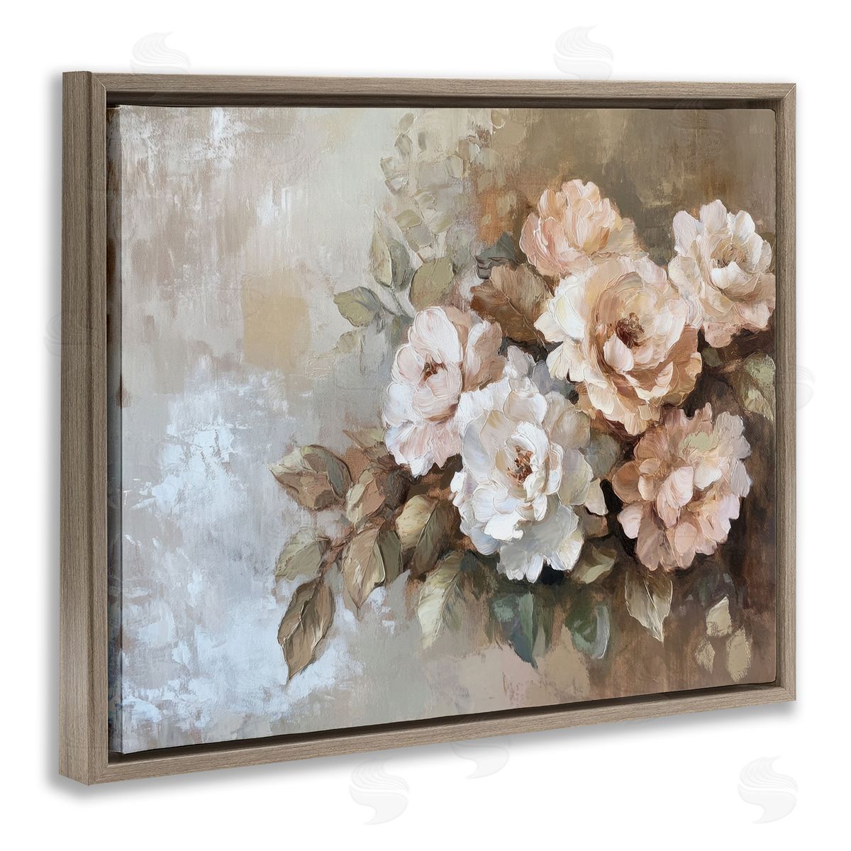 Pastel Budding Blooms Brown Floating Frame Canvas Wall Art, Home Decor by Petal Prints Design