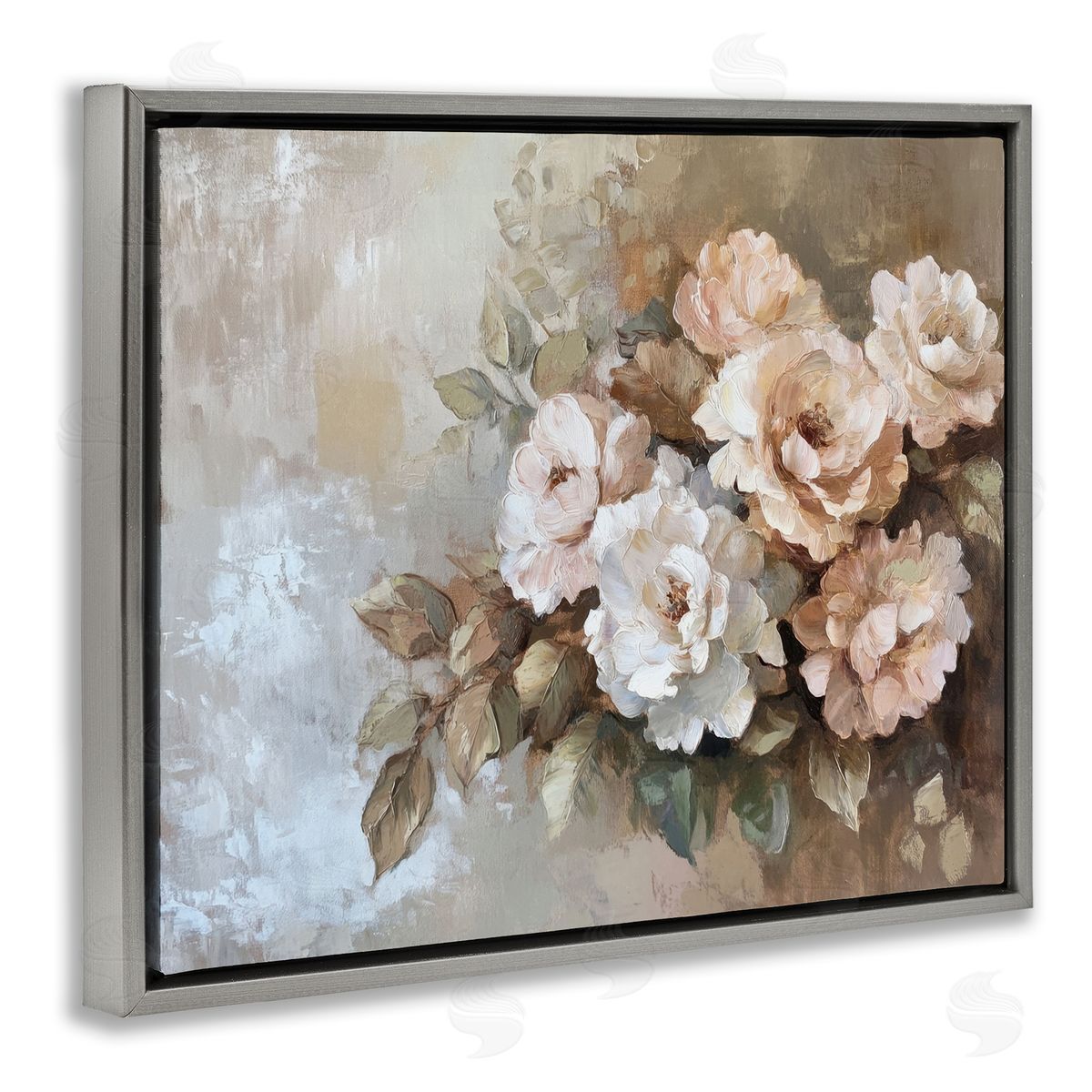 Pastel Budding Blooms Grey Floating Frame Canvas Wall Art, Home Decor by Petal Prints Design