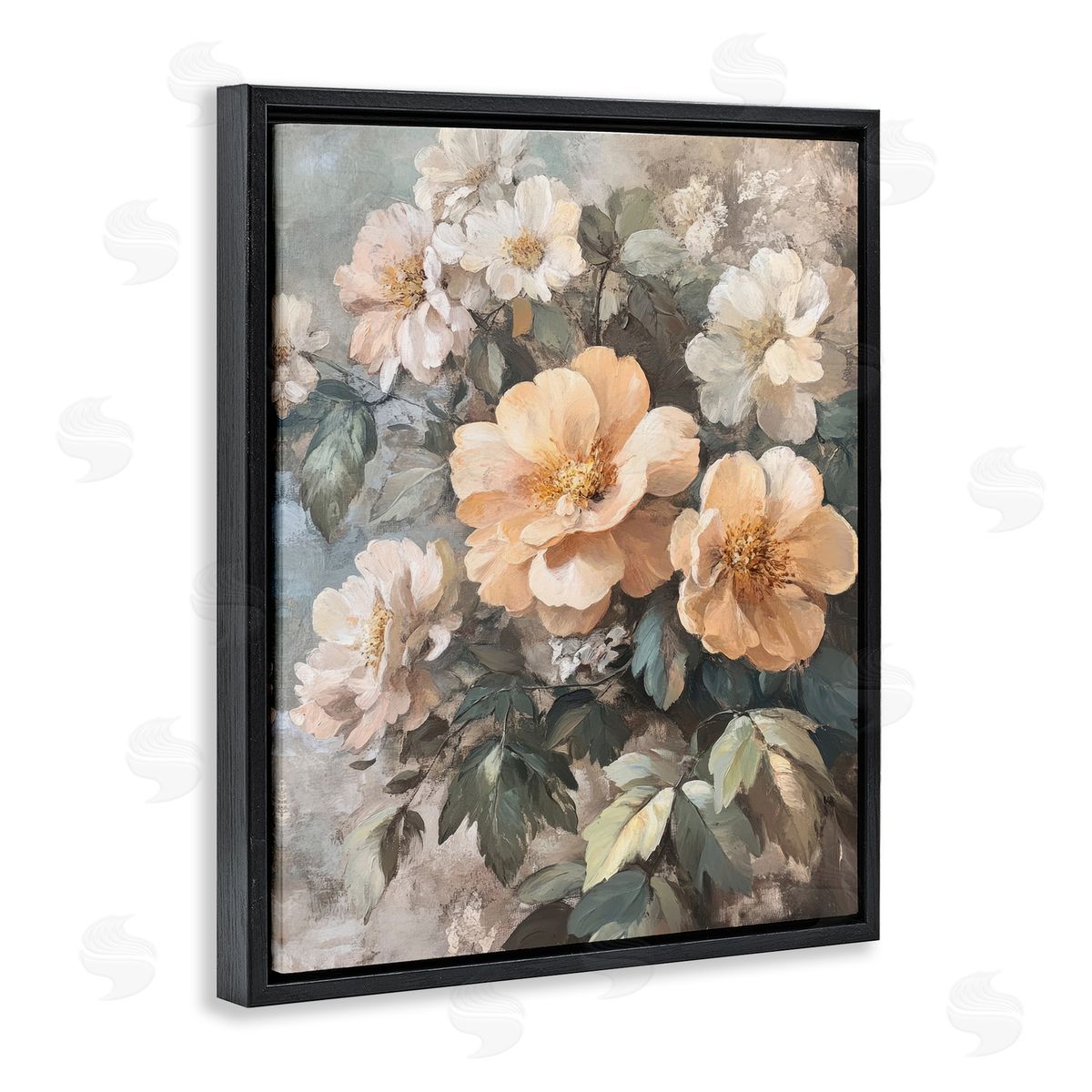 Soft Floral Arrangement Black Floating Frame Canvas Wall Art, Home Decor by Petal Prints Design