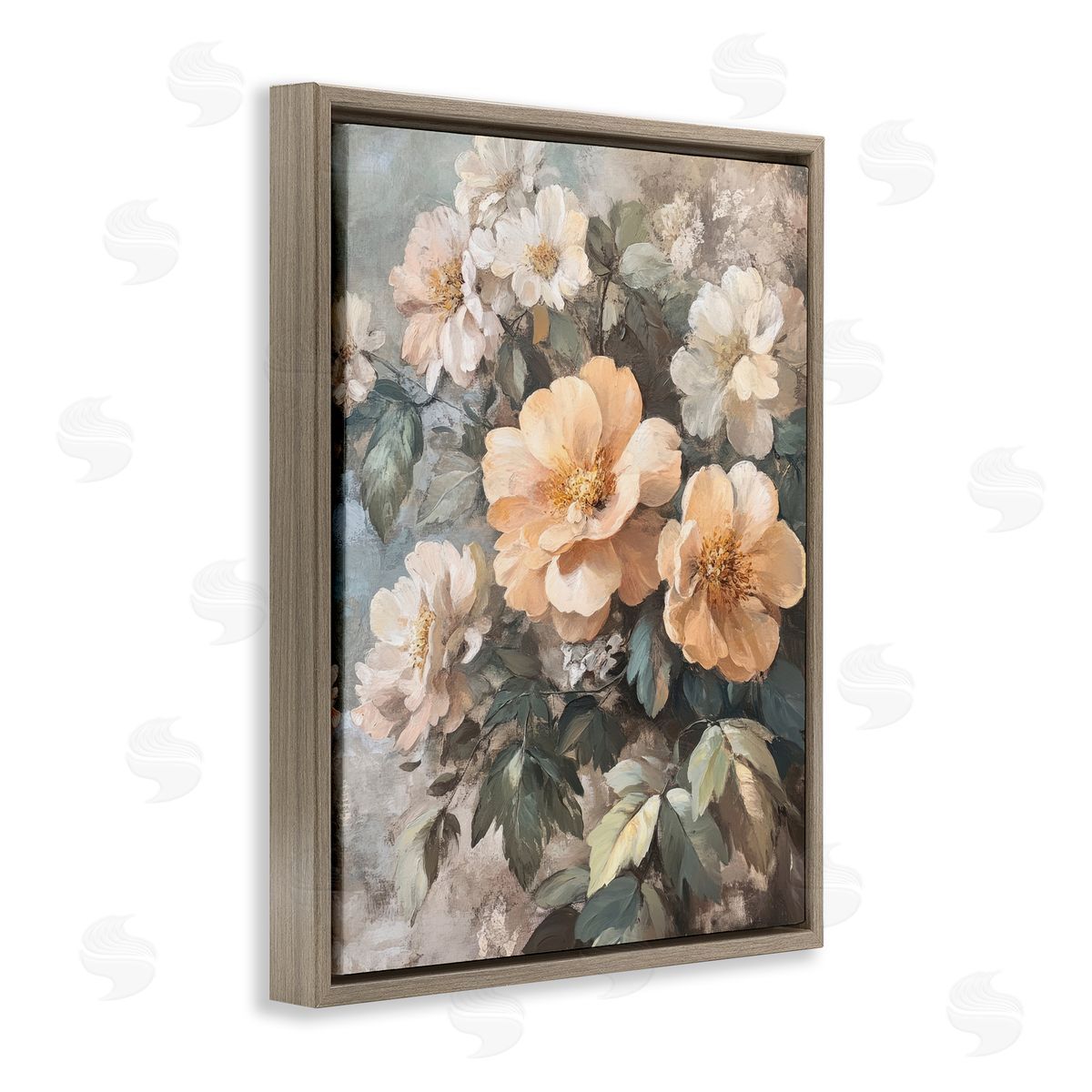 Soft Floral Arrangement Brown Floating Frame Canvas Wall Art, Home Decor by Petal Prints Design