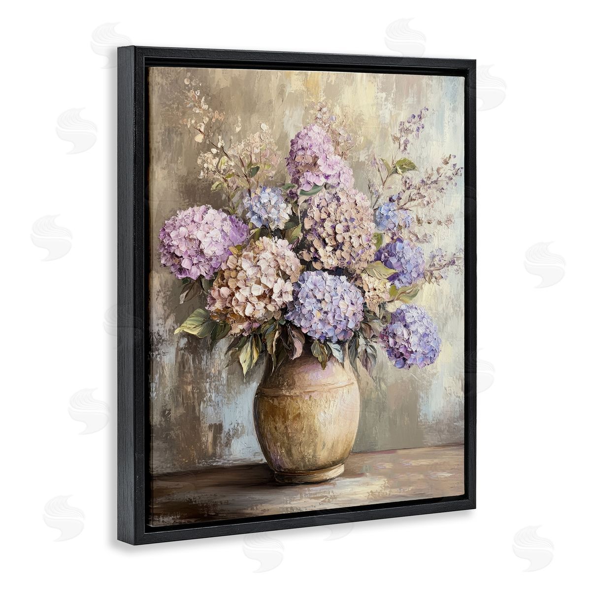 Purple Hydrangea Pottery Black Floating Frame Canvas Wall Art, Home Decor by Petal Prints Design