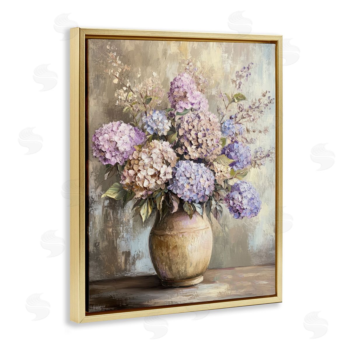 Purple Hydrangea Pottery Gold Floating Frame Canvas Wall Art, Home Decor by Petal Prints Design