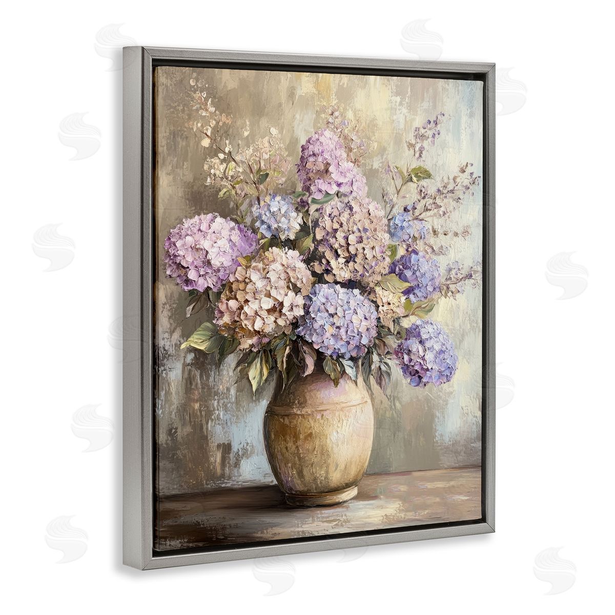 Purple Hydrangea Pottery Grey Floating Frame Canvas Wall Art, Home Decor by Petal Prints Design