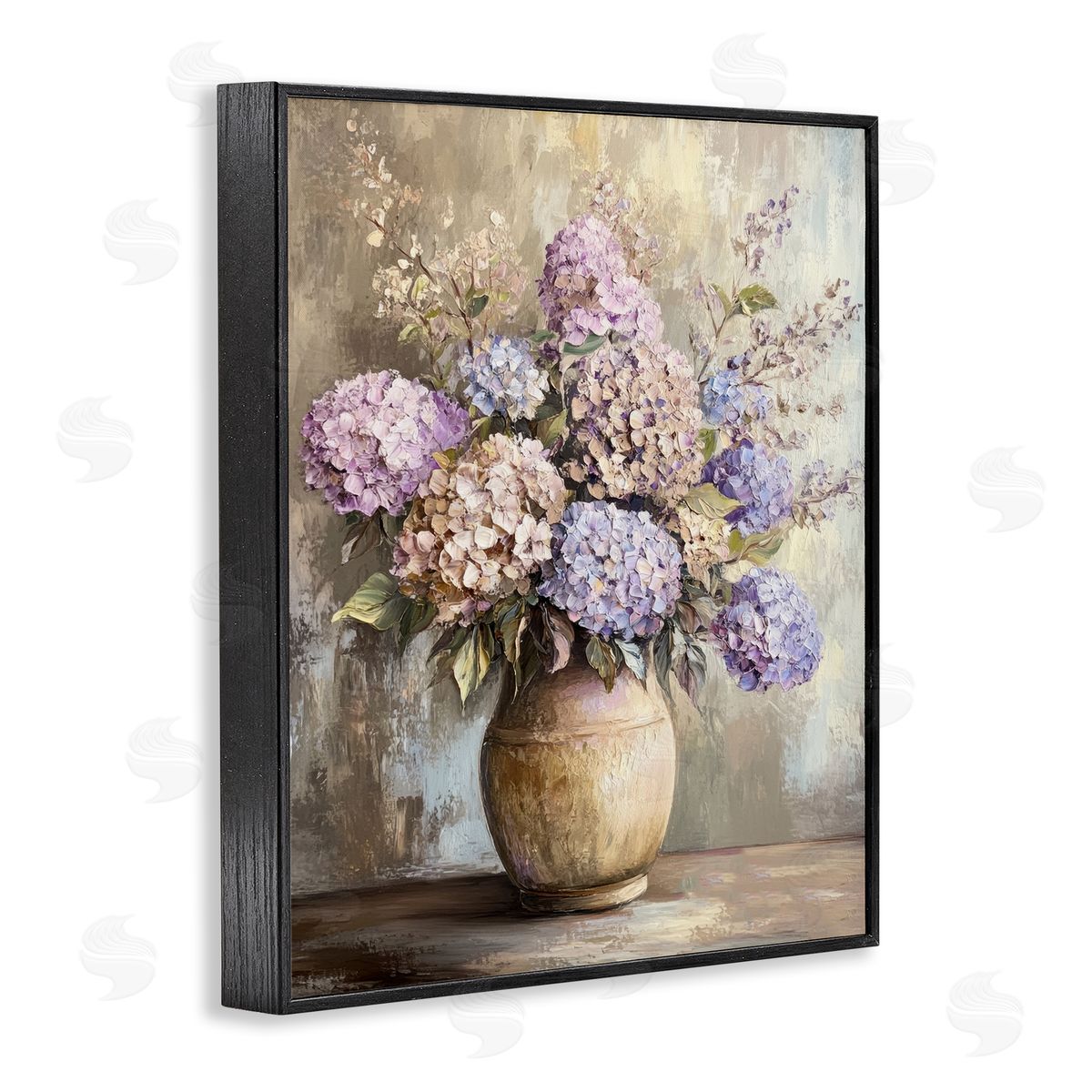 Purple Hydrangea Pottery Black Frame Print Wall Art, Home Decor by Petal Prints Design