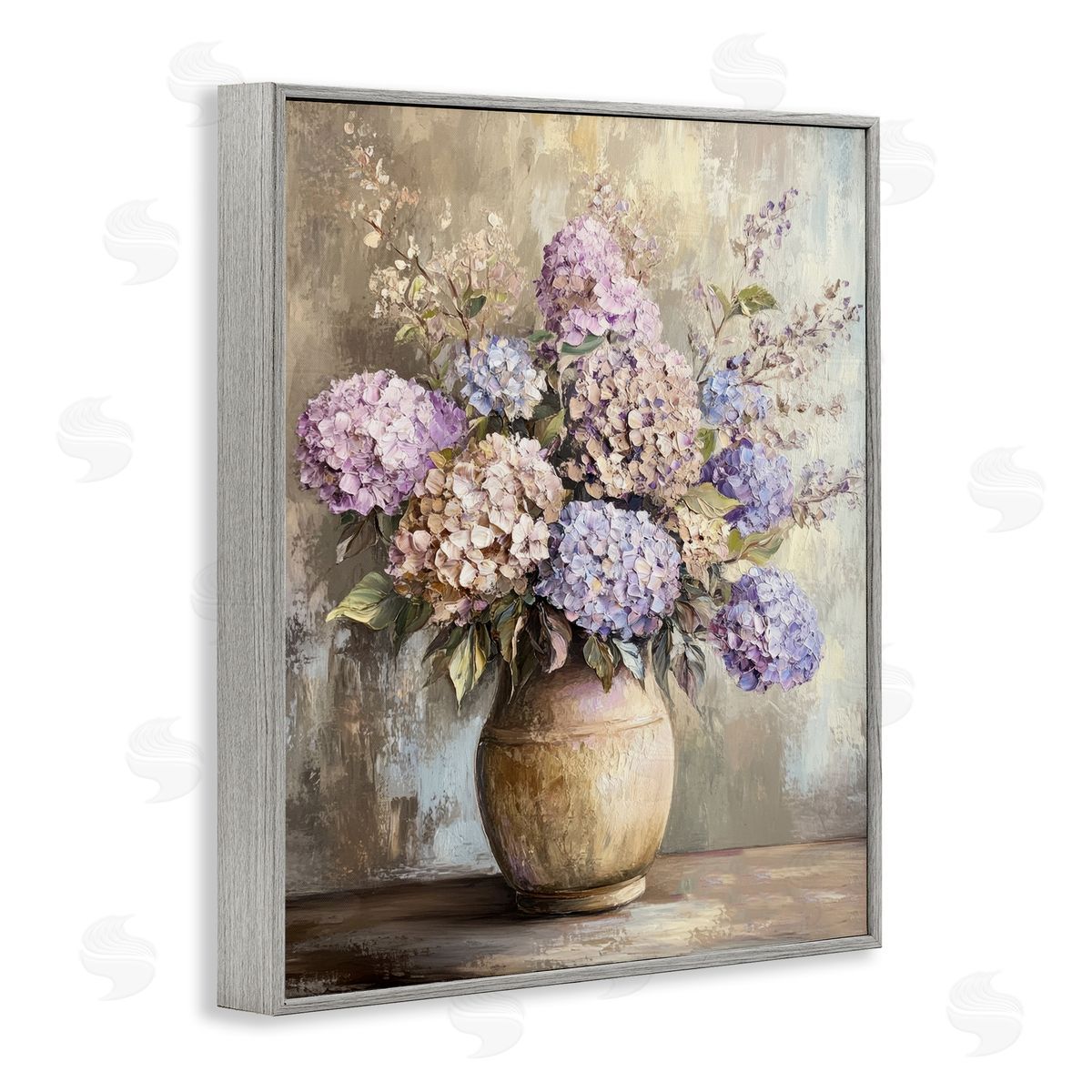 Purple Hydrangea Pottery Grey Frame Print Wall Art, Home Decor by Petal Prints Design