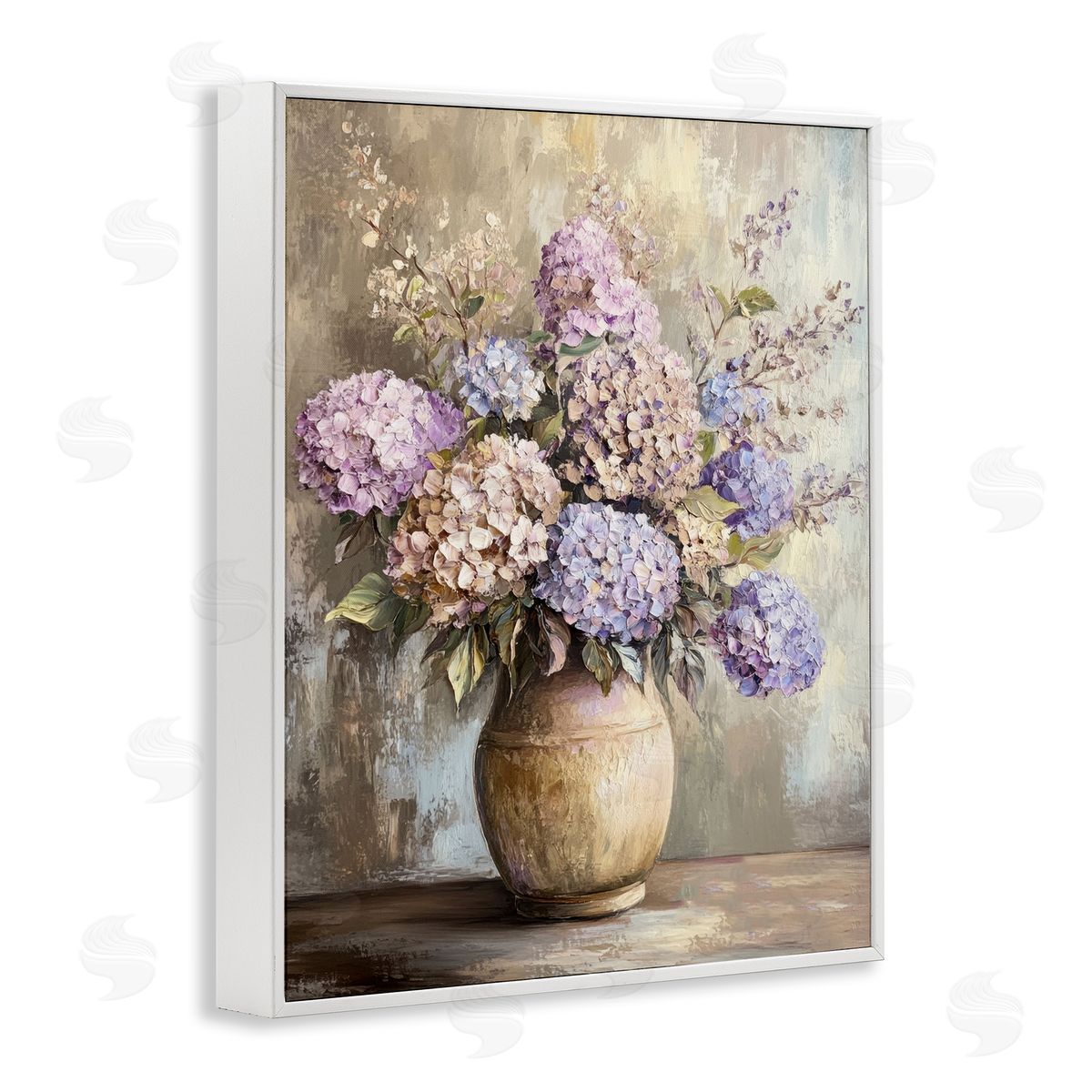 Purple Hydrangea Pottery White Frame Print Wall Art, Home Decor by Petal Prints Design