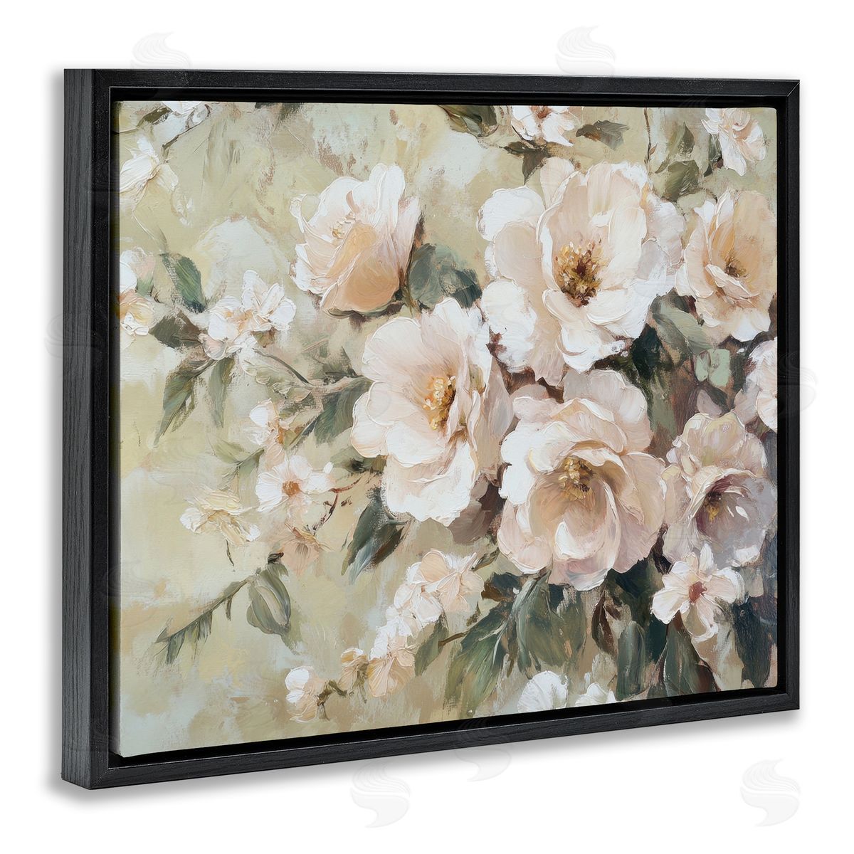 Cream Dynamic Florals Black Floating Frame Canvas Wall Art, Home Decor by Petal Prints Design