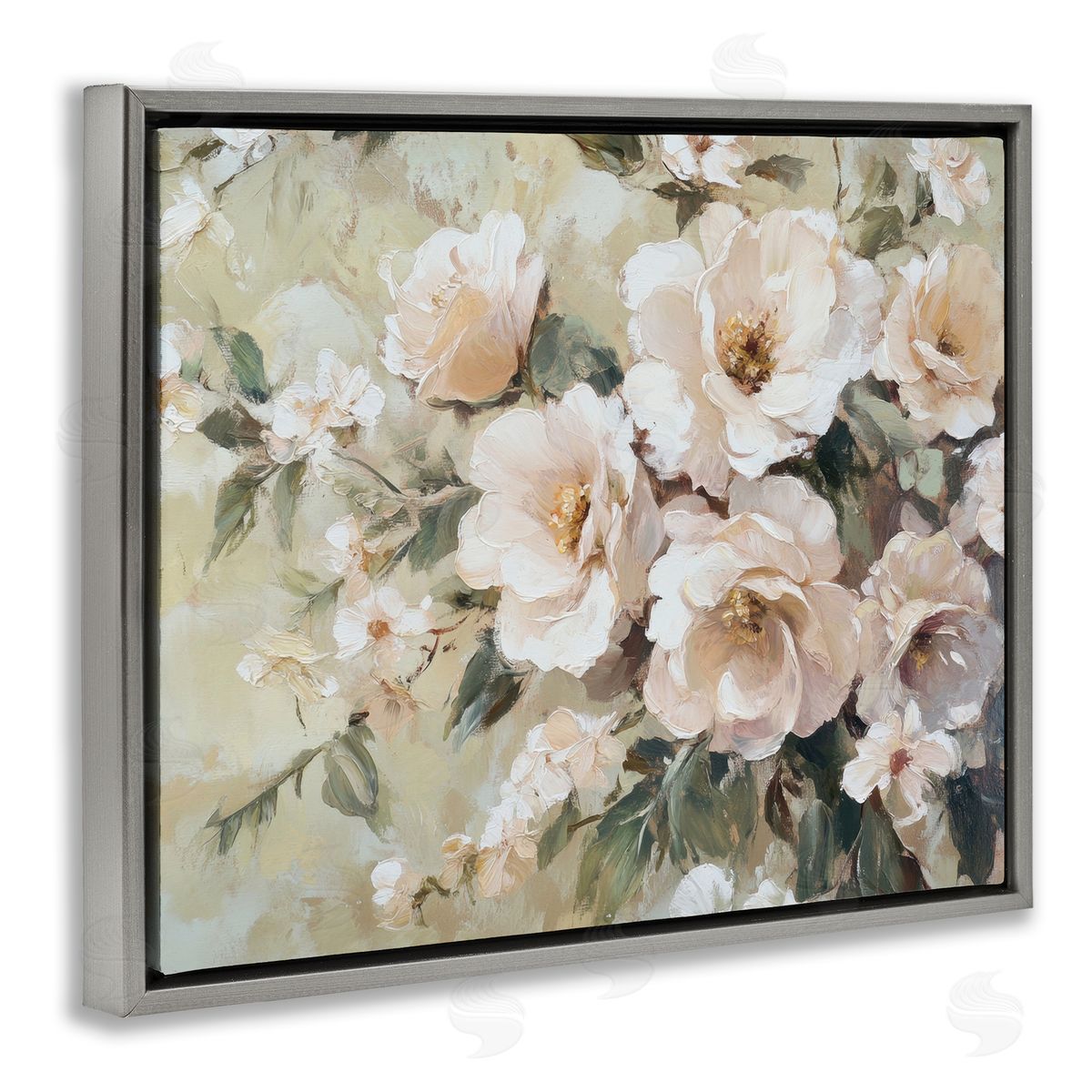 Cream Dynamic Florals Grey Floating Frame Canvas Wall Art, Home Decor by Petal Prints Design