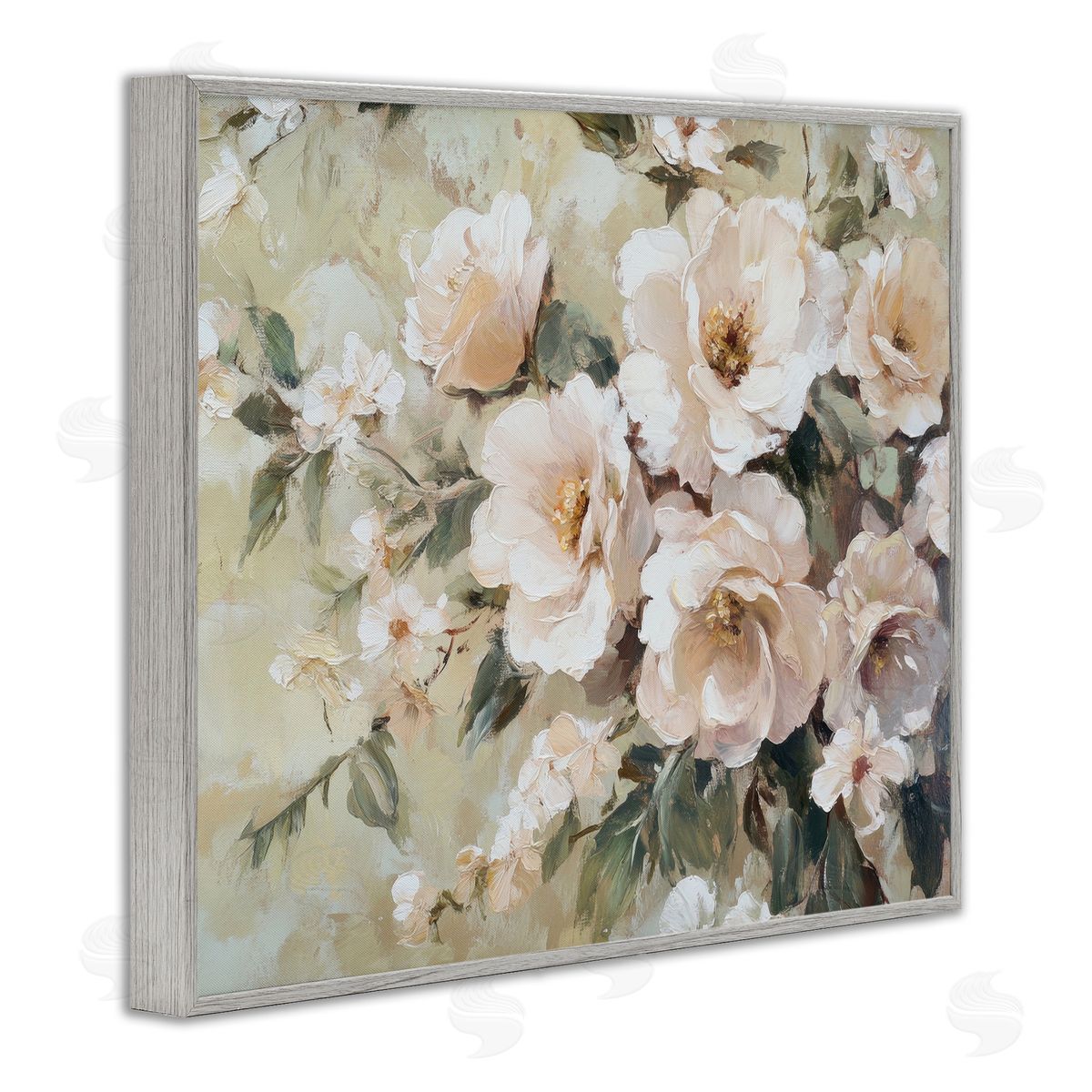 Cream Dynamic Florals Grey Frame Print Wall Art, Home Decor by Petal Prints Design