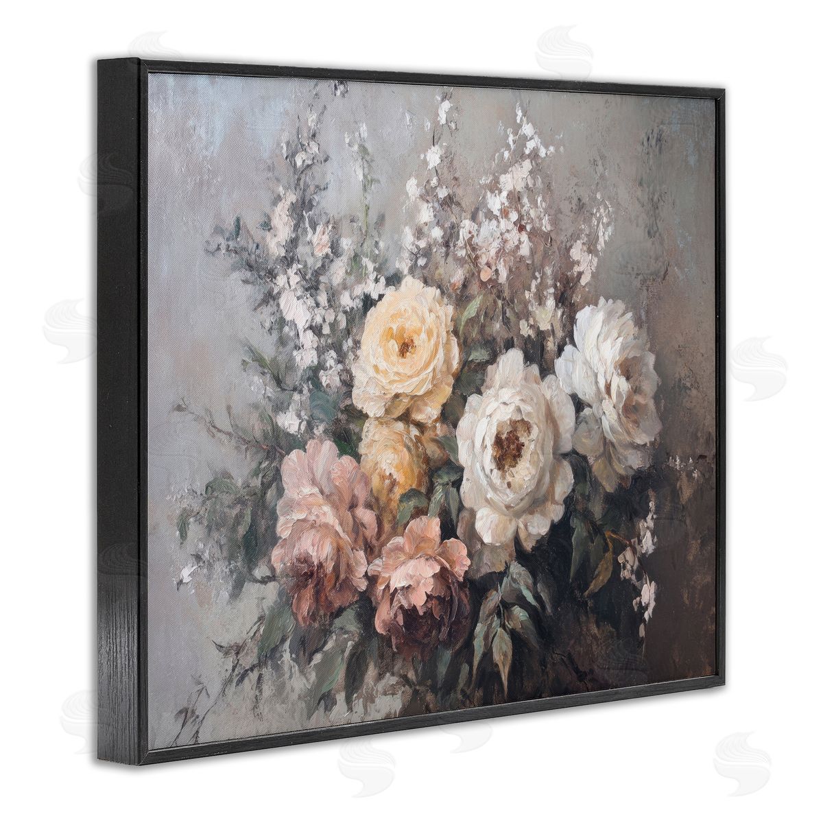 Roses & Peonies on Gray Black Frame Print Wall Art, Home Decor by Petal Prints Design