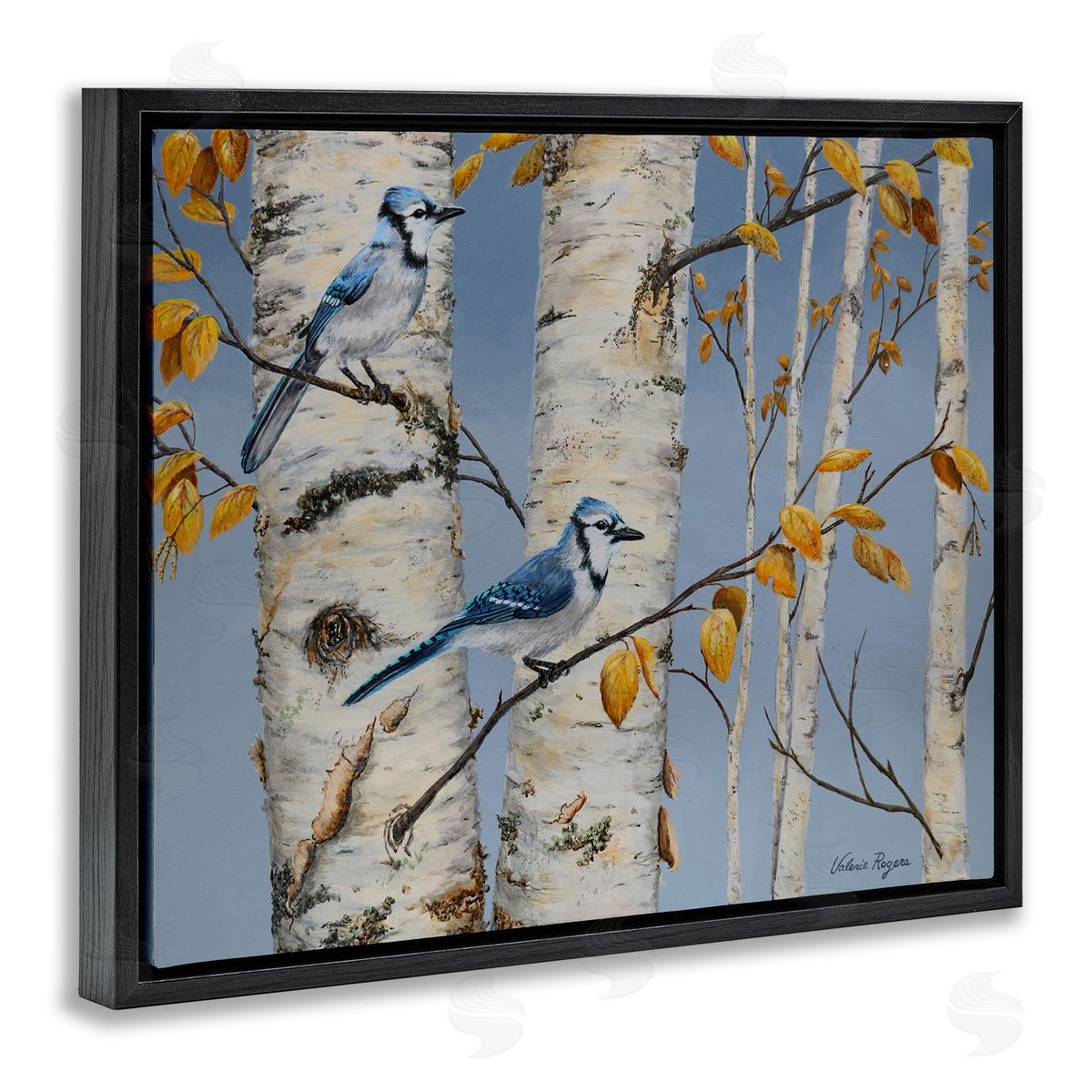 Blue Jay Autumn Day Black Floating Frame Canvas Wall Art, Home Decor by Valerie Rogers