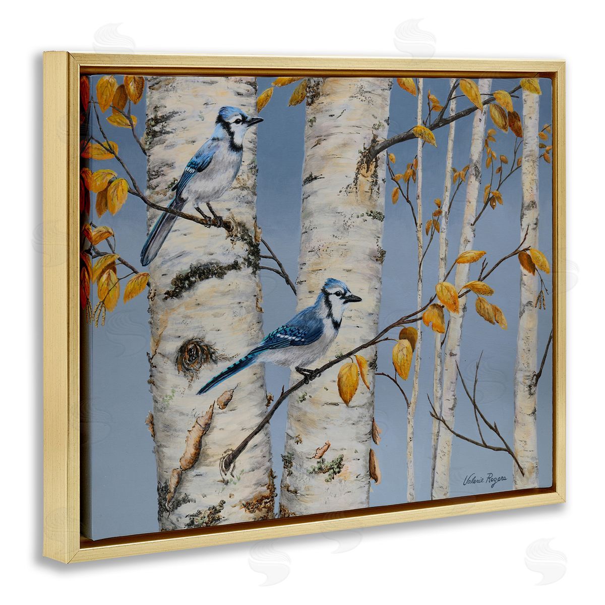 Blue Jay Autumn Day Gold Floating Frame Canvas Wall Art, Home Decor by Valerie Rogers