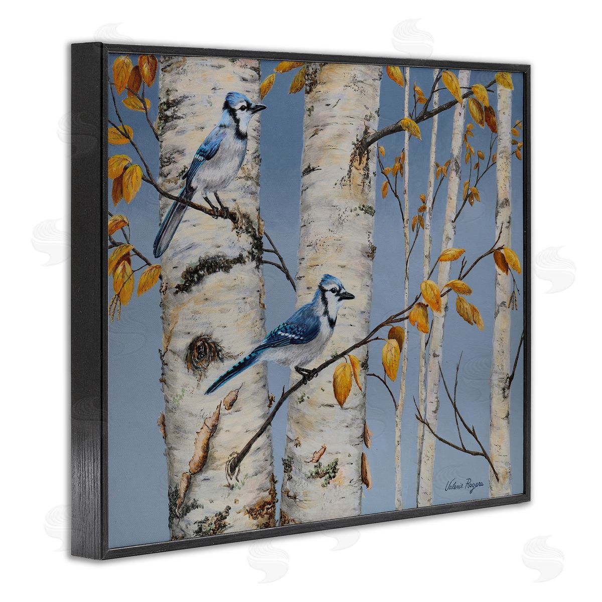 Blue Jay Autumn Day Black Frame Print Wall Art, Home Decor by Valerie Rogers
