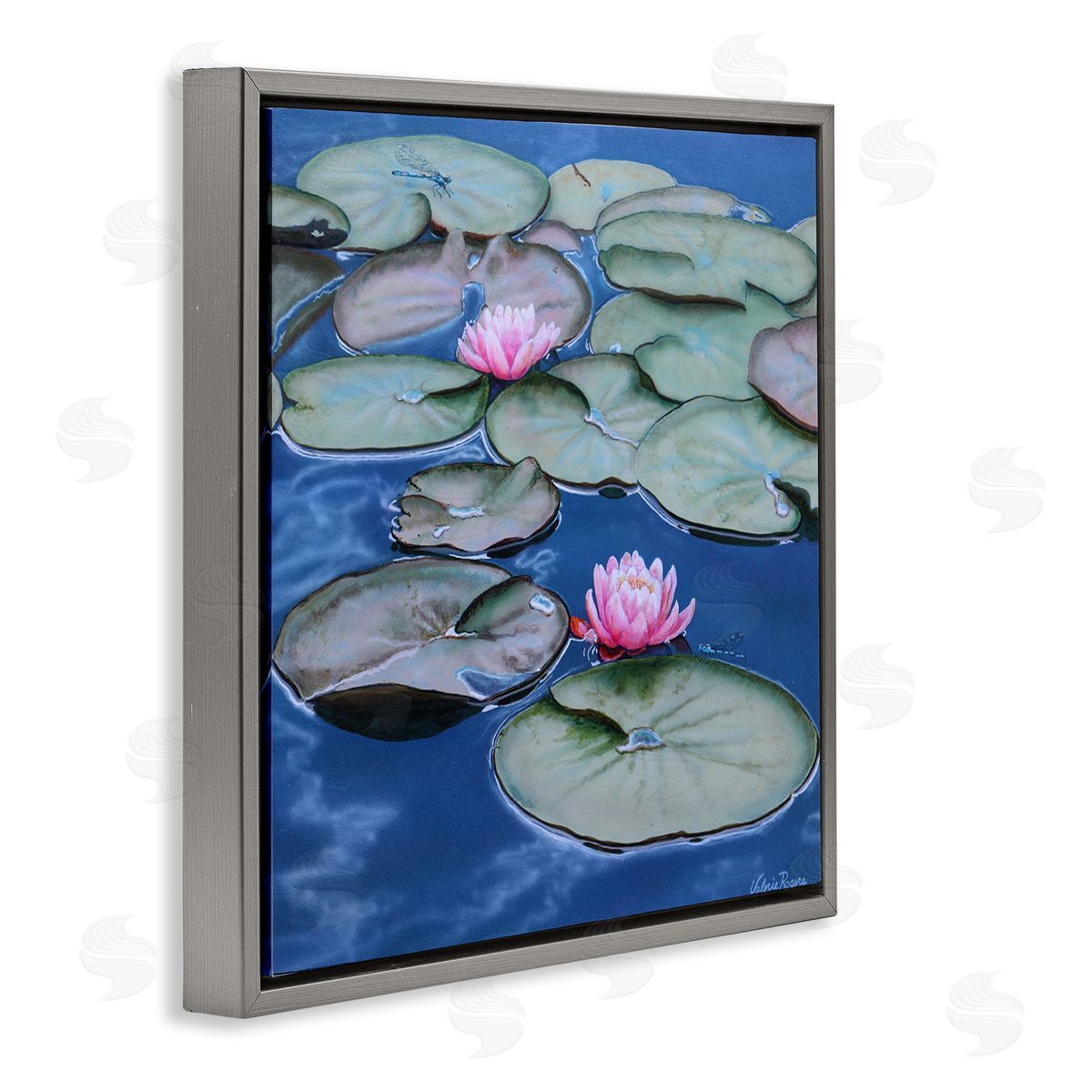 Blue Pond Lily Reflection Grey Floating Frame Canvas Wall Art, Home Decor by Valerie Rogers