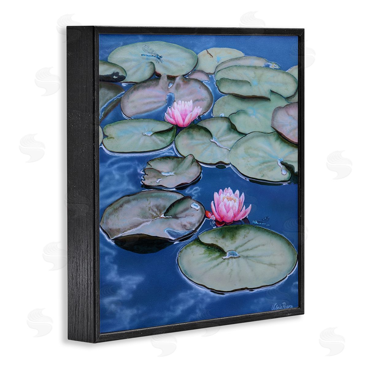 Blue Pond Lily Reflection Black Frame Print Wall Art, Home Decor by Valerie Rogers