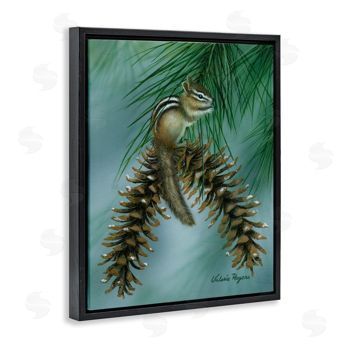 Chipmunk Pine Cone Perch Black Floating Frame Canvas Wall Art, Home Decor by Valerie Rogers