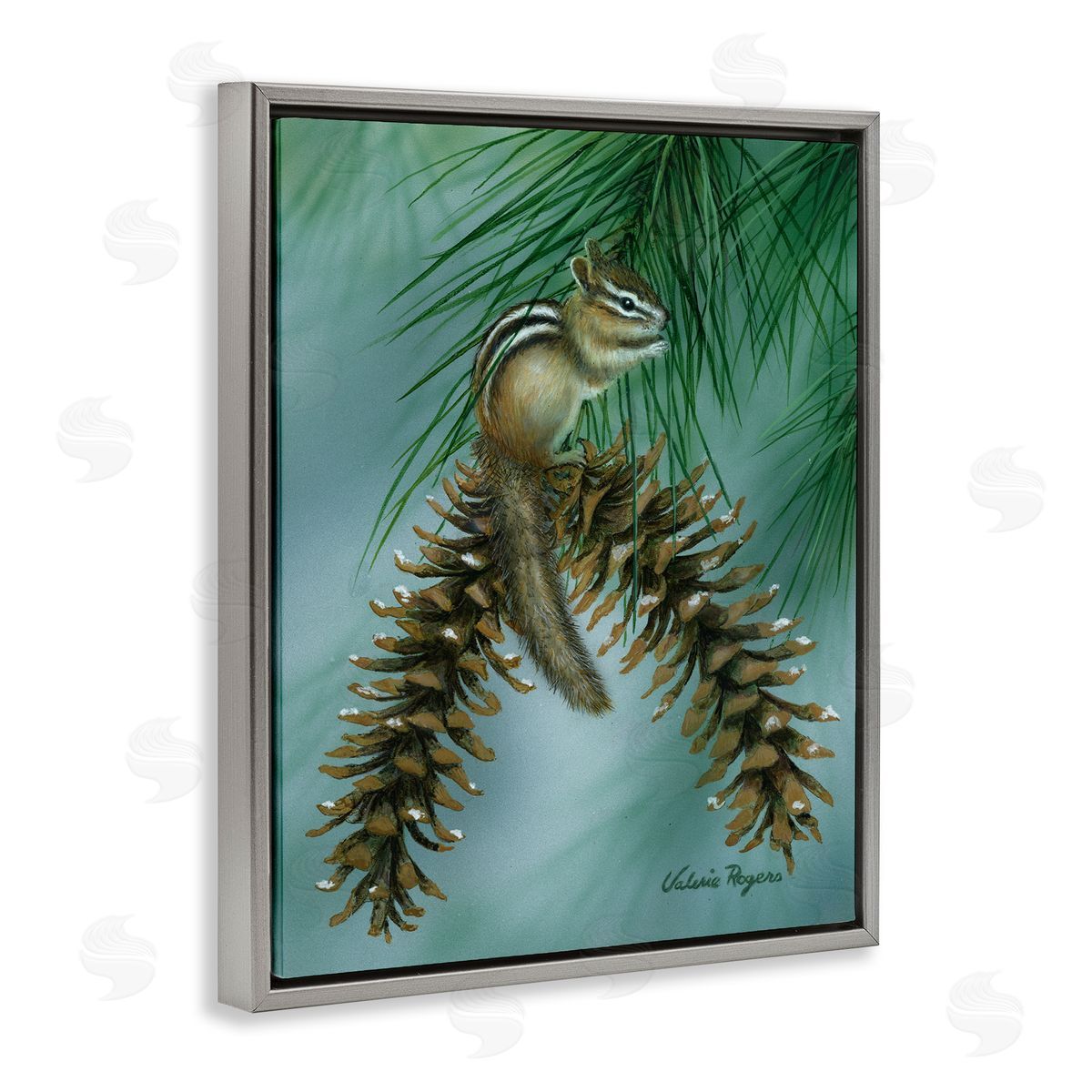 Chipmunk Pine Cone Perch Grey Floating Frame Canvas Wall Art, Home Decor by Valerie Rogers