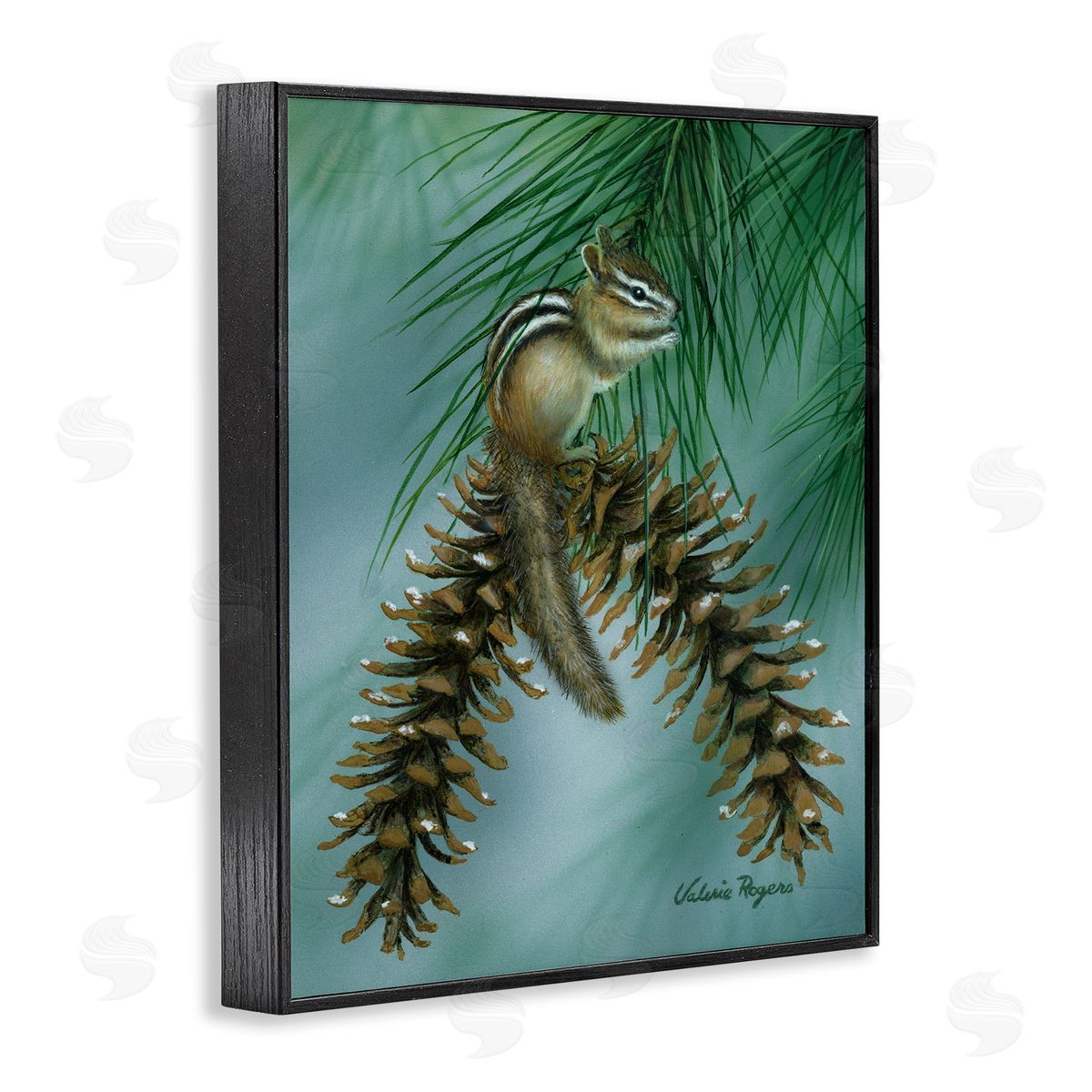 Chipmunk Pine Cone Perch Black Frame Print Wall Art, Home Decor by Valerie Rogers