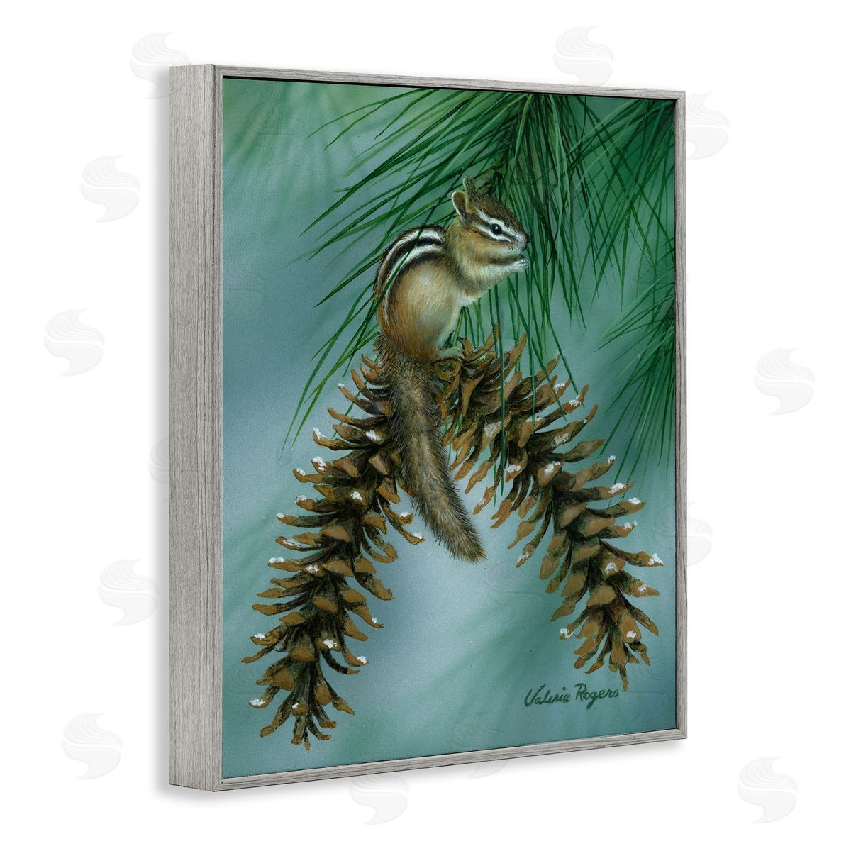Chipmunk Pine Cone Perch Grey Frame Print Wall Art, Home Decor by Valerie Rogers