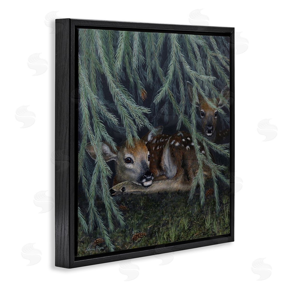 Deer Under Forest Tree Black Floating Frame Canvas Wall Art, Home Decor by Valerie Rogers