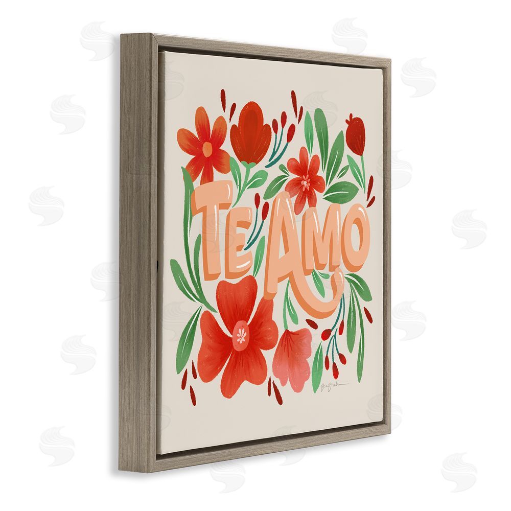 Gia Graham Te Amo con Flores Rojas Brown Floating Frame Canvas Wall Art Print