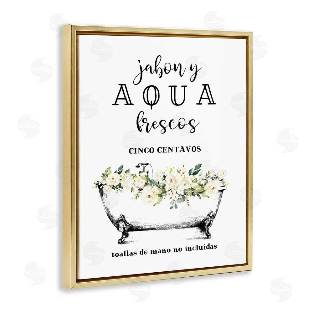 Lettered and Lined Jabón y Aqua Frescos Gold Floating Frame Canvas Wall Art Print