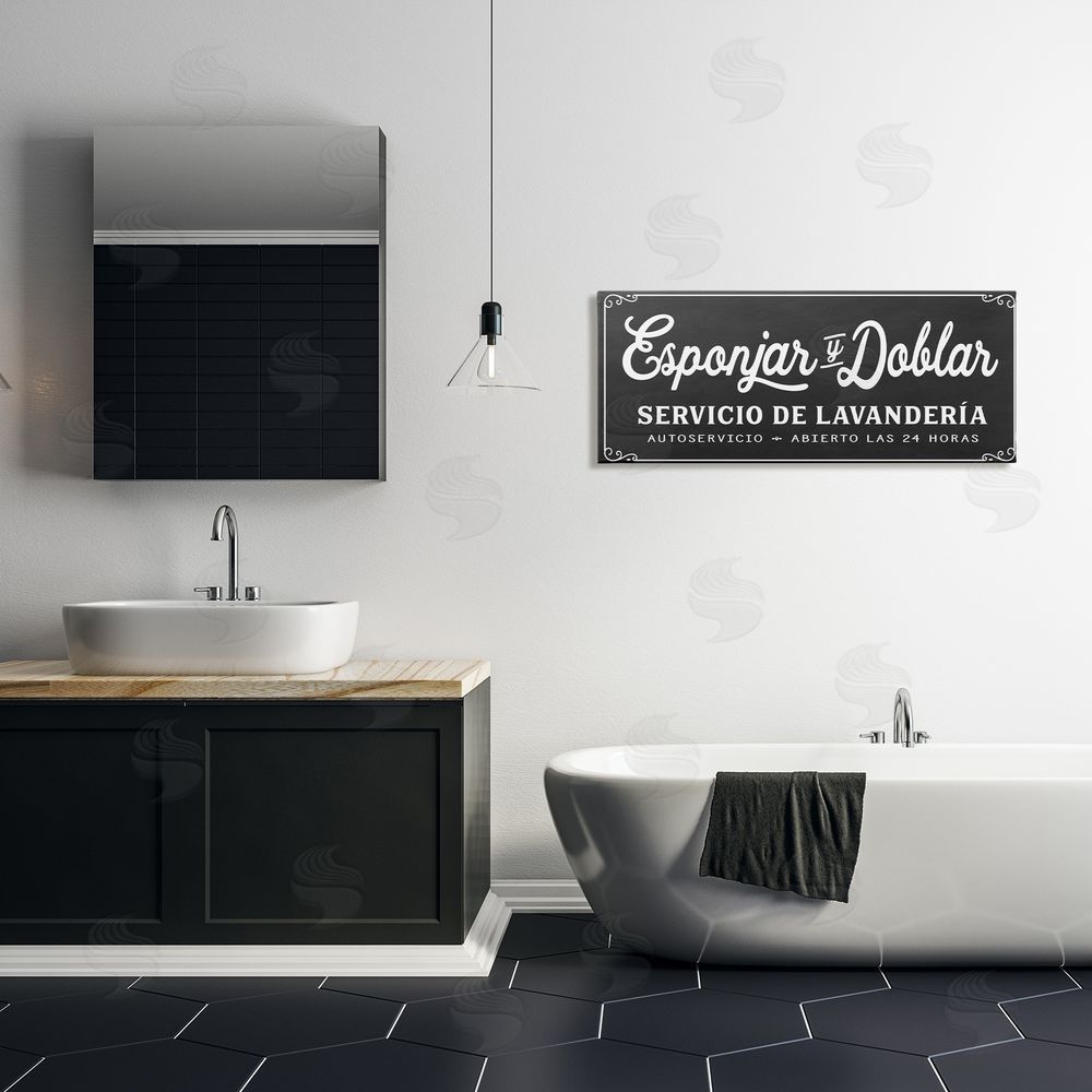Lettered and Lined Esponjar y Doblar Lavandería Canvas Wall Art Print in Room