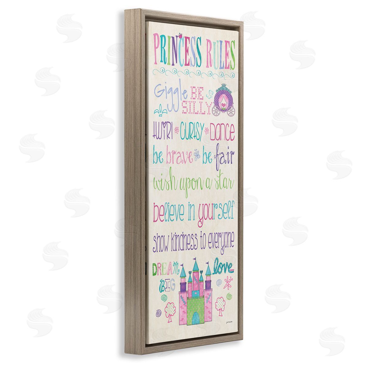 Princess Rules With Castle & Carriage Brown Floating Frame Canvas Wall Art, Home Decor by Jo Moulton
