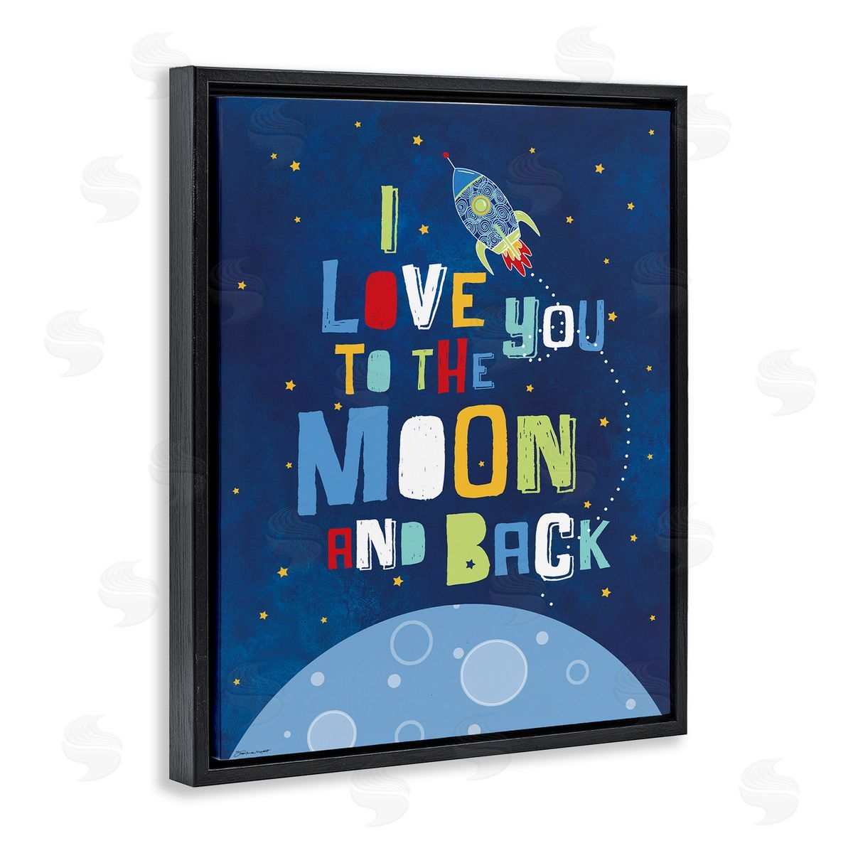 Moon & Back with Rocket Ship Black Floating Frame Canvas Wall Art, Home Decor by Karen Zukowski (Finny And Zook)