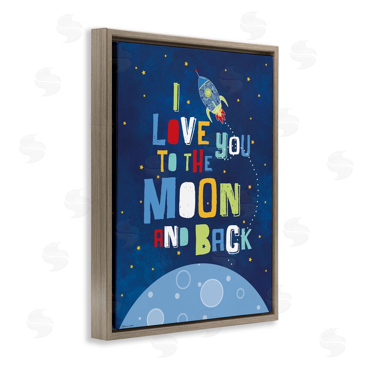 Moon & Back with Rocket Ship Brown Floating Frame Canvas Wall Art, Home Decor by Karen Zukowski (Finny And Zook)