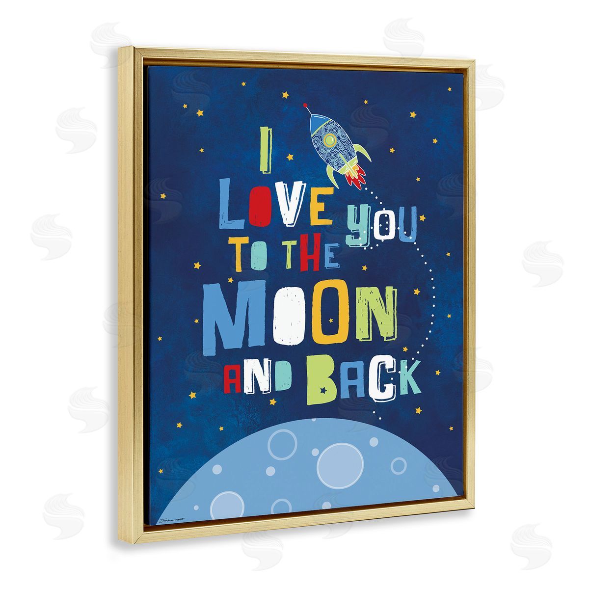 Moon & Back with Rocket Ship Gold Floating Frame Canvas Wall Art, Home Decor by Karen Zukowski (Finny And Zook)