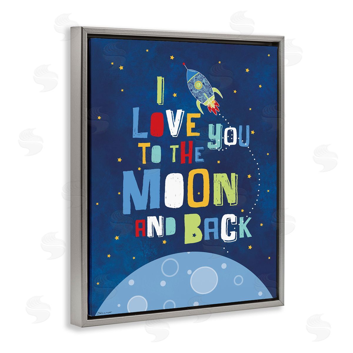 Moon & Back with Rocket Ship Grey Floating Frame Canvas Wall Art, Home Decor by Karen Zukowski (Finny And Zook)