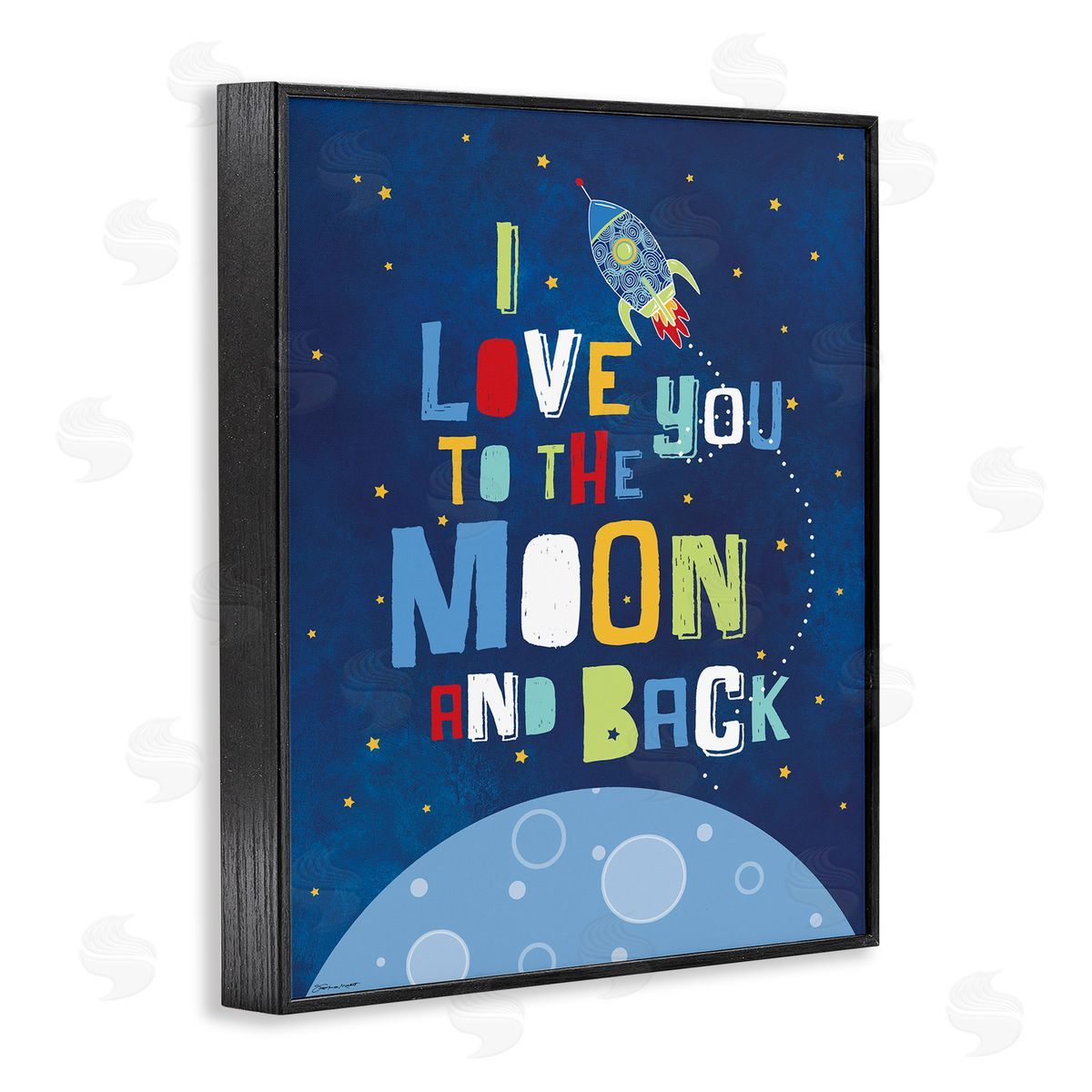 Moon & Back with Rocket Ship Black Frame Print Wall Art, Home Decor by Karen Zukowski (Finny And Zook)