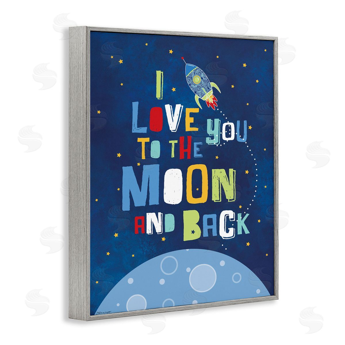 Moon & Back with Rocket Ship Grey Frame Print Wall Art, Home Decor by Karen Zukowski (Finny And Zook)